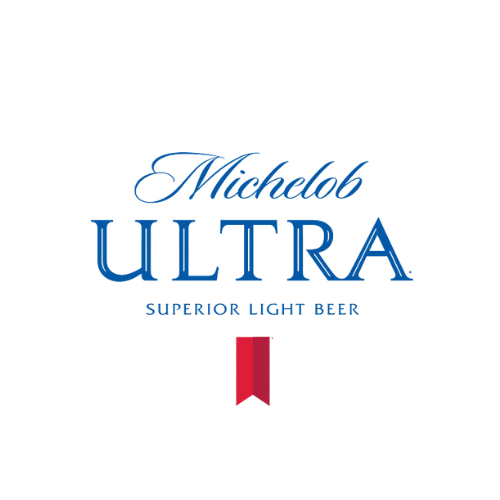Michelob Ultra beer logo with blue text and a red ribbon