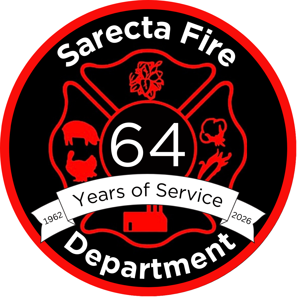 Emblem of the Sarecta Fire Department celebrating 64 years of service from 1962 to 2026, featuring a red fire helmet outline, a white banner with the text 'Years of Service', and a black background with red borders.