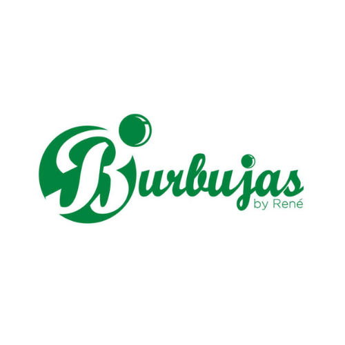 Logo for Burbujas by René with green text and design elements on a white background.