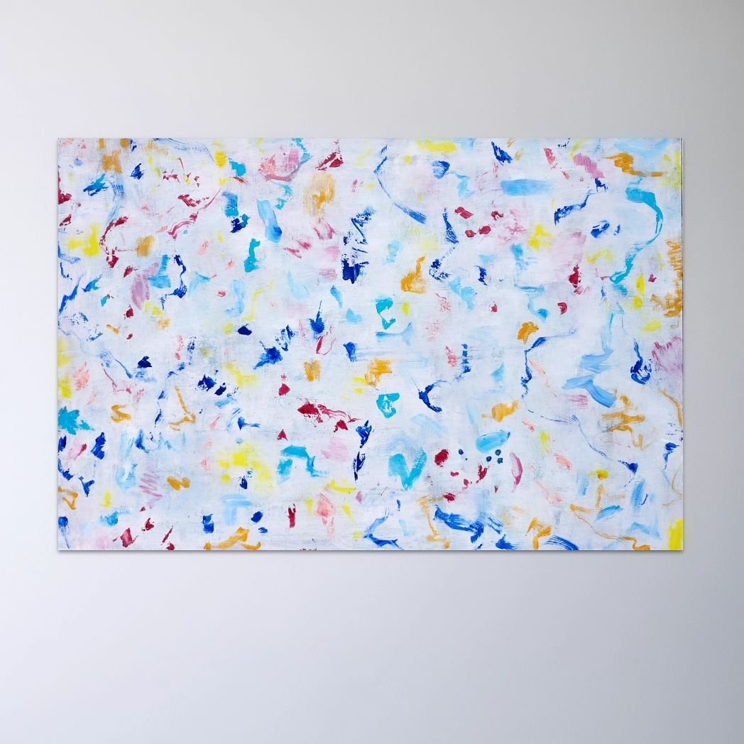 I wanted to create something fun and light-hearted, imagining myself surrounded by a rainbow of colors. Deciding to take a playful and intuitive approach to 'Me and my Box of Crayon Confetti' painting while creating something unique - a painting that