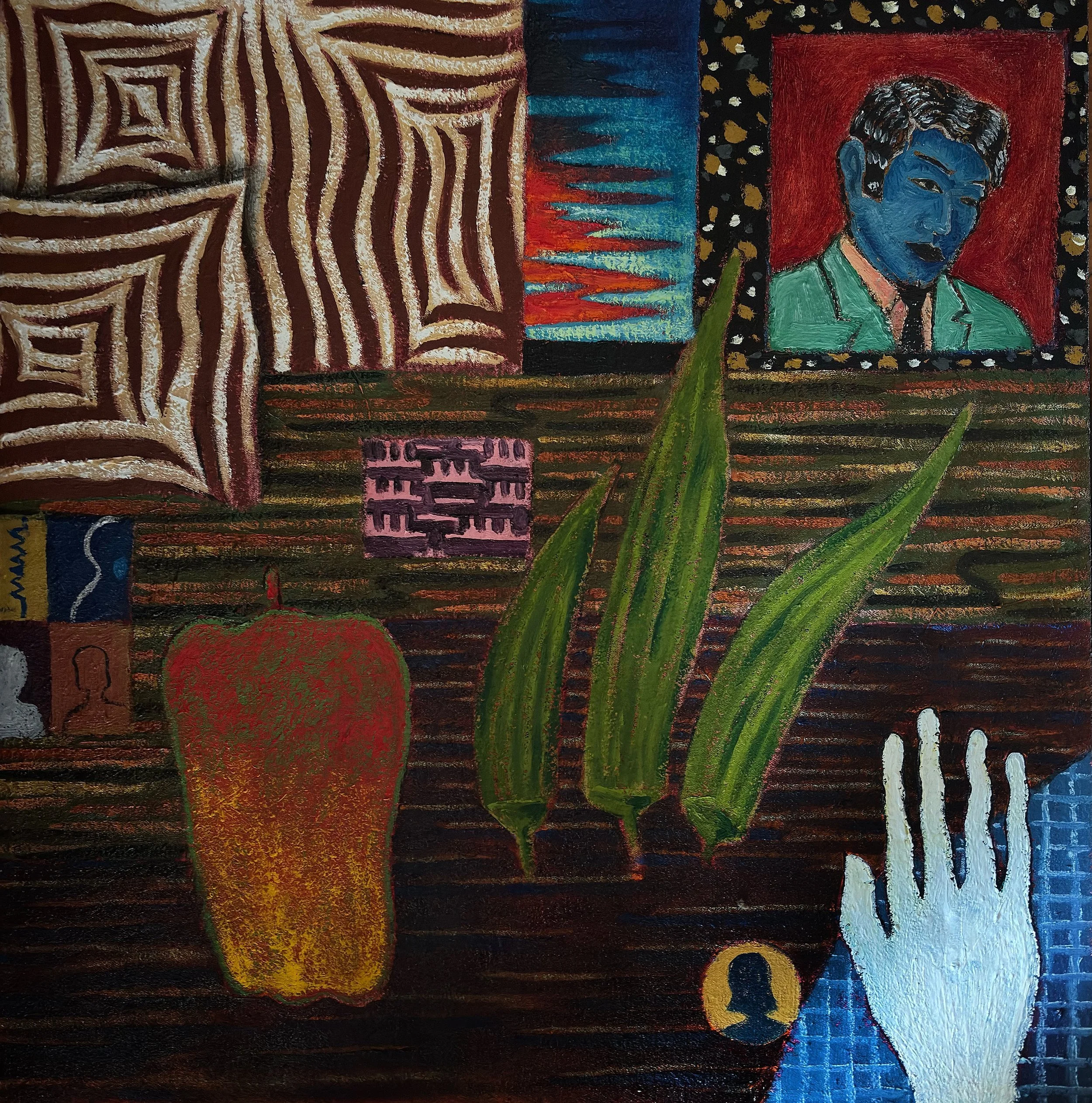 King bee with okra and pepper 18”x18” oil on canvas 2024
