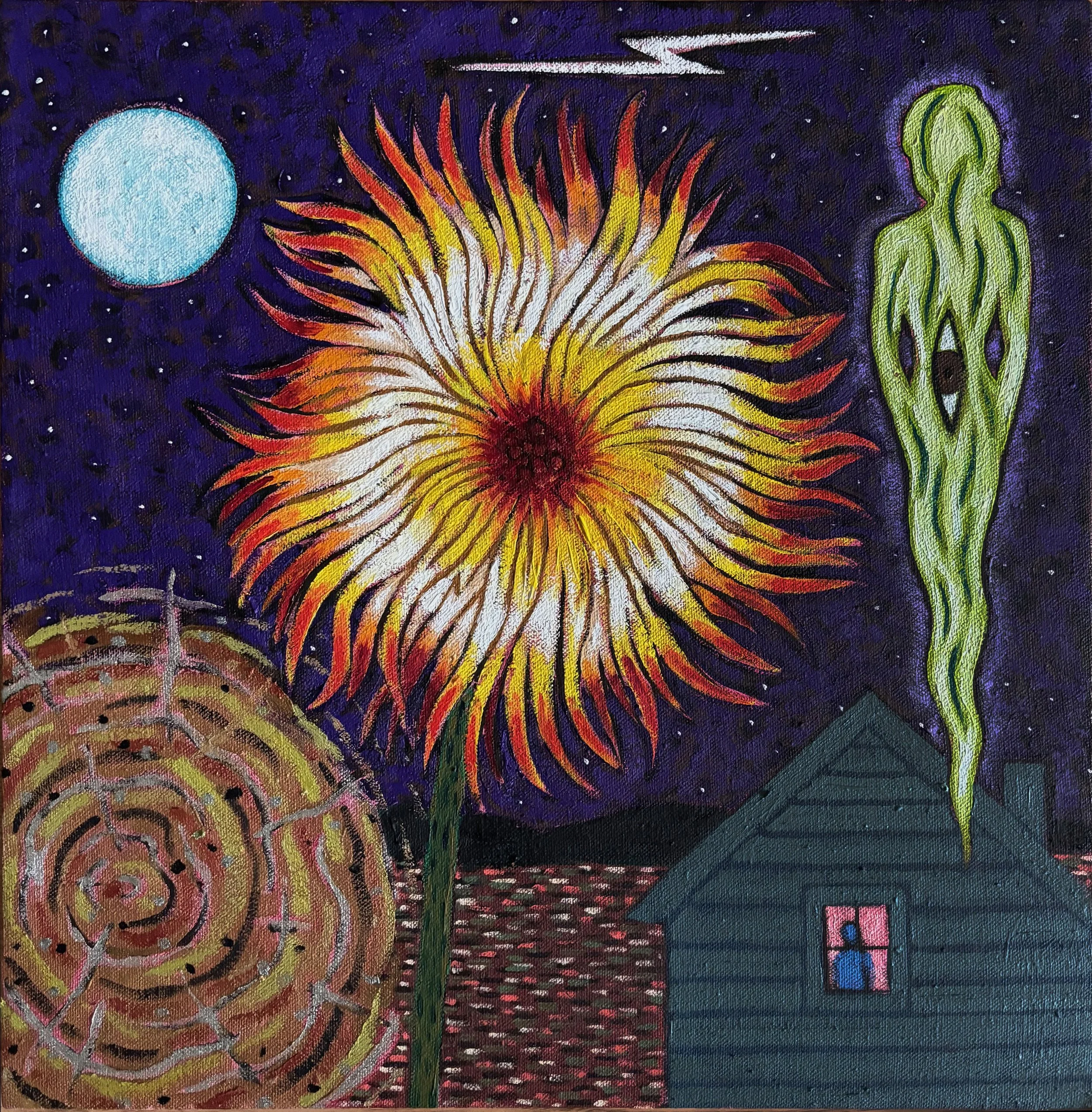 Daisy at night with Spirit and Explosion 16” x16”
