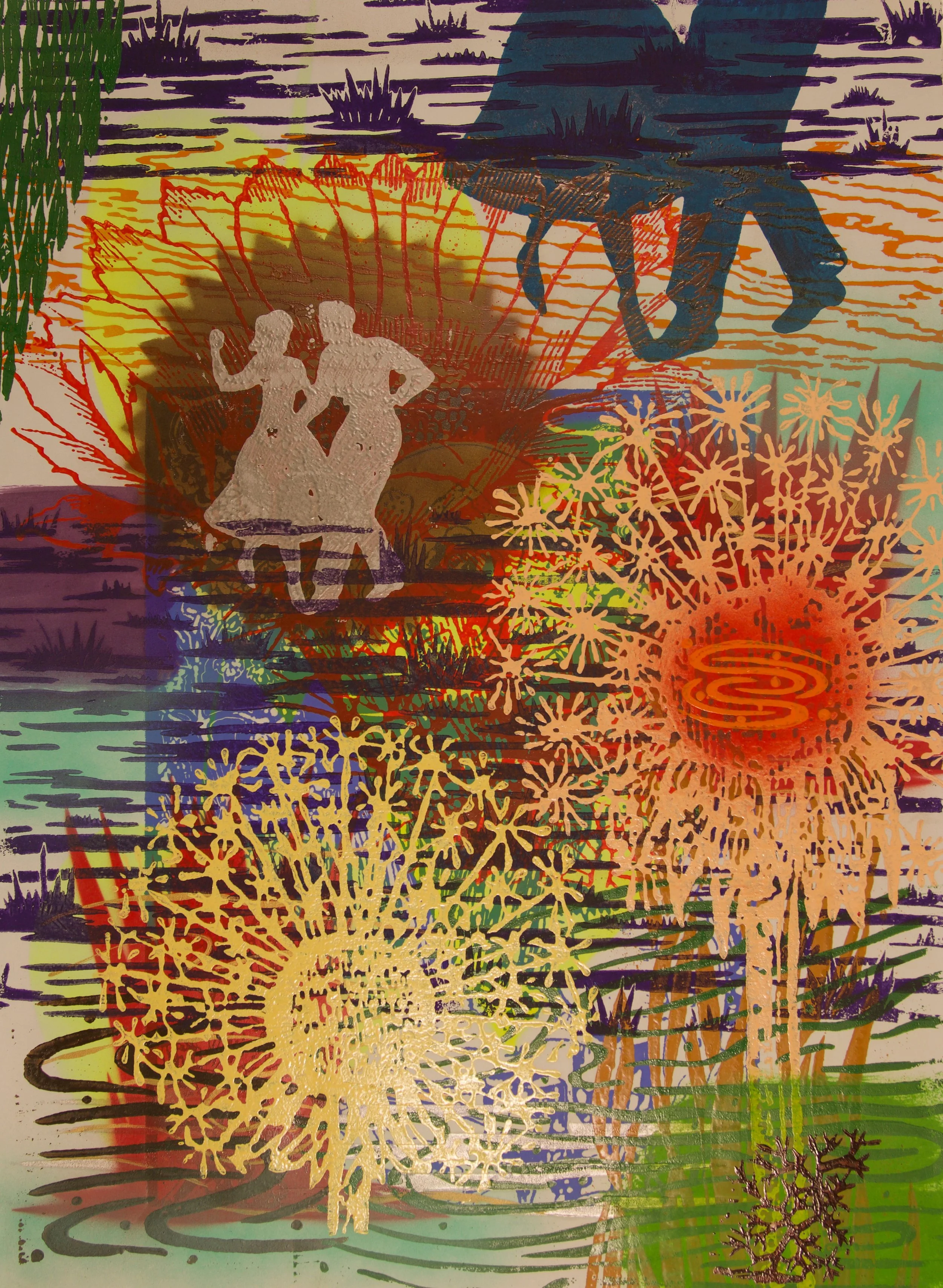 Dancers, Cactus Flowers and Dandeloins 30" x 22" mixed media on paper