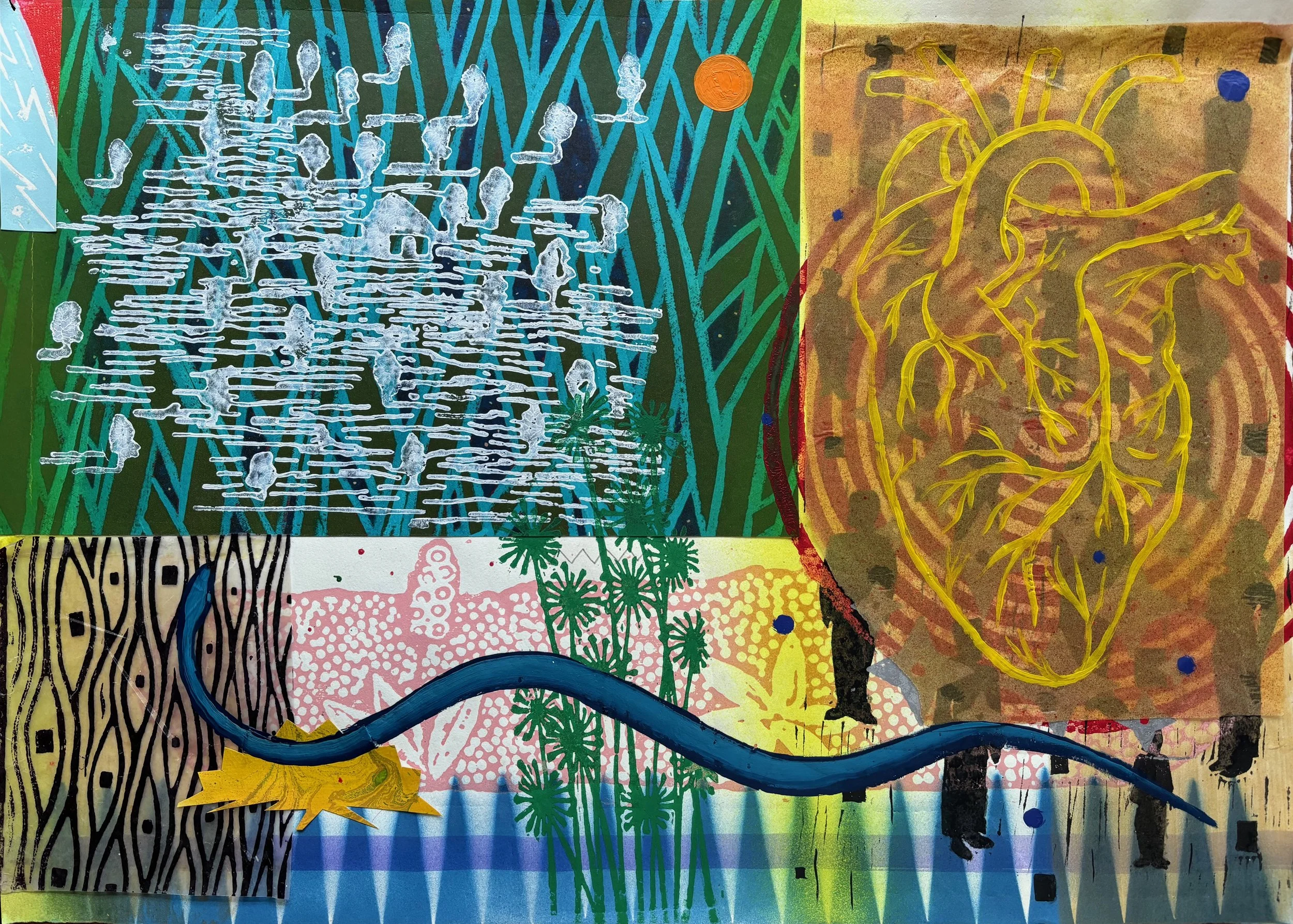 Blue runner with homestead 19” x 29” mixed media on paper