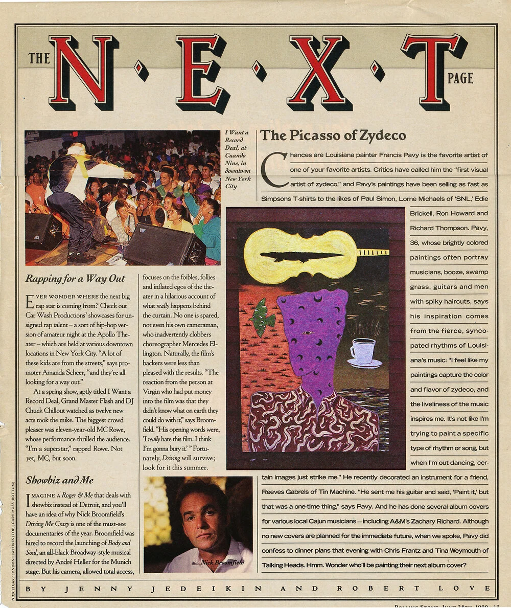 A vintage newspaper page featuring an article about music and art, including photos of a live performance, a colorful abstract painting of a guitar and coffee cup, and a portrait of Nick Broomfield.