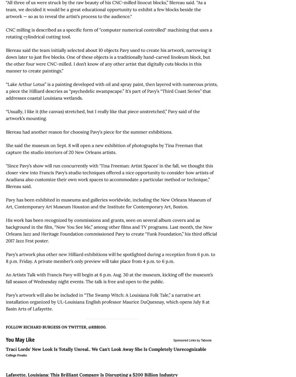 A screenshot of a text-based article discussing art exhibitions, artist Francis Pavy, and related museum events and projects in New Orleans and beyond.