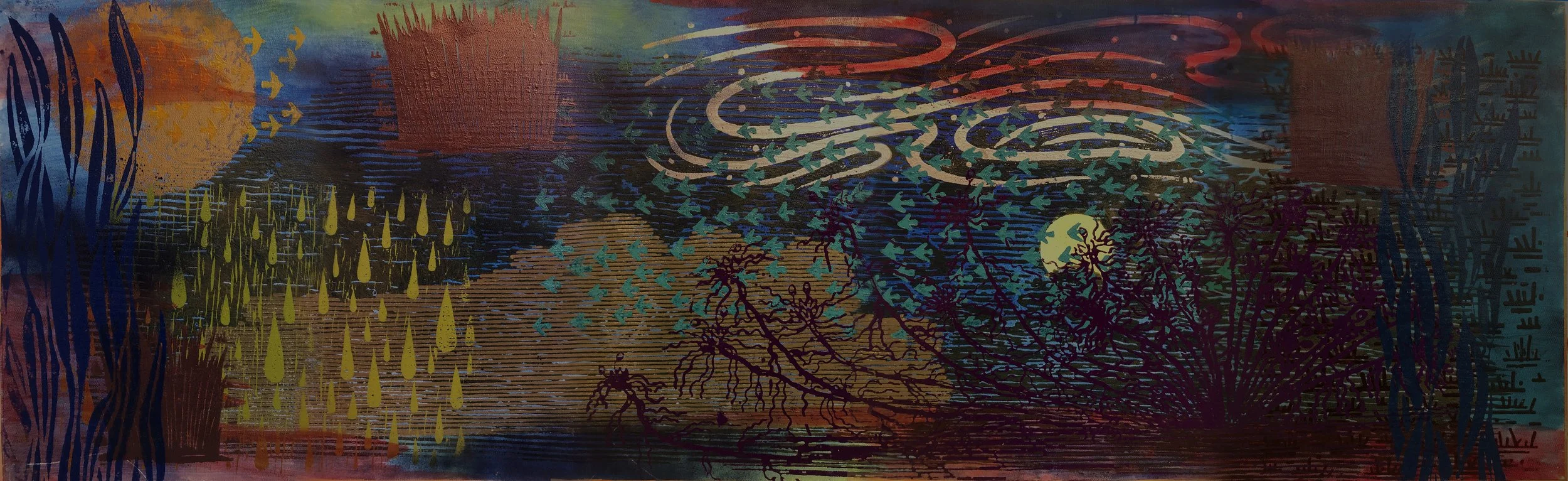Midnight scene with full moon 20" x 64" oil on canvas