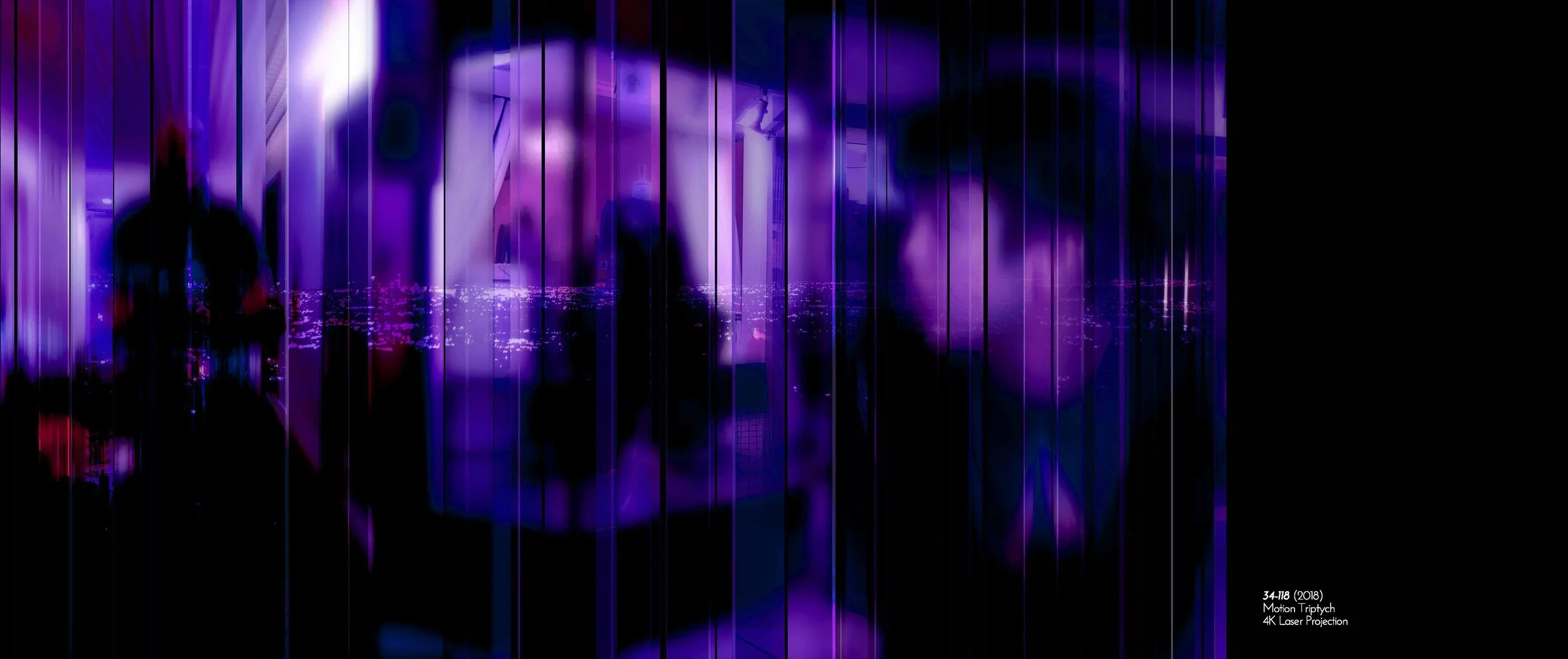 Abstract image with purple and black vertical lines, blurred figures, and city lights in the background.