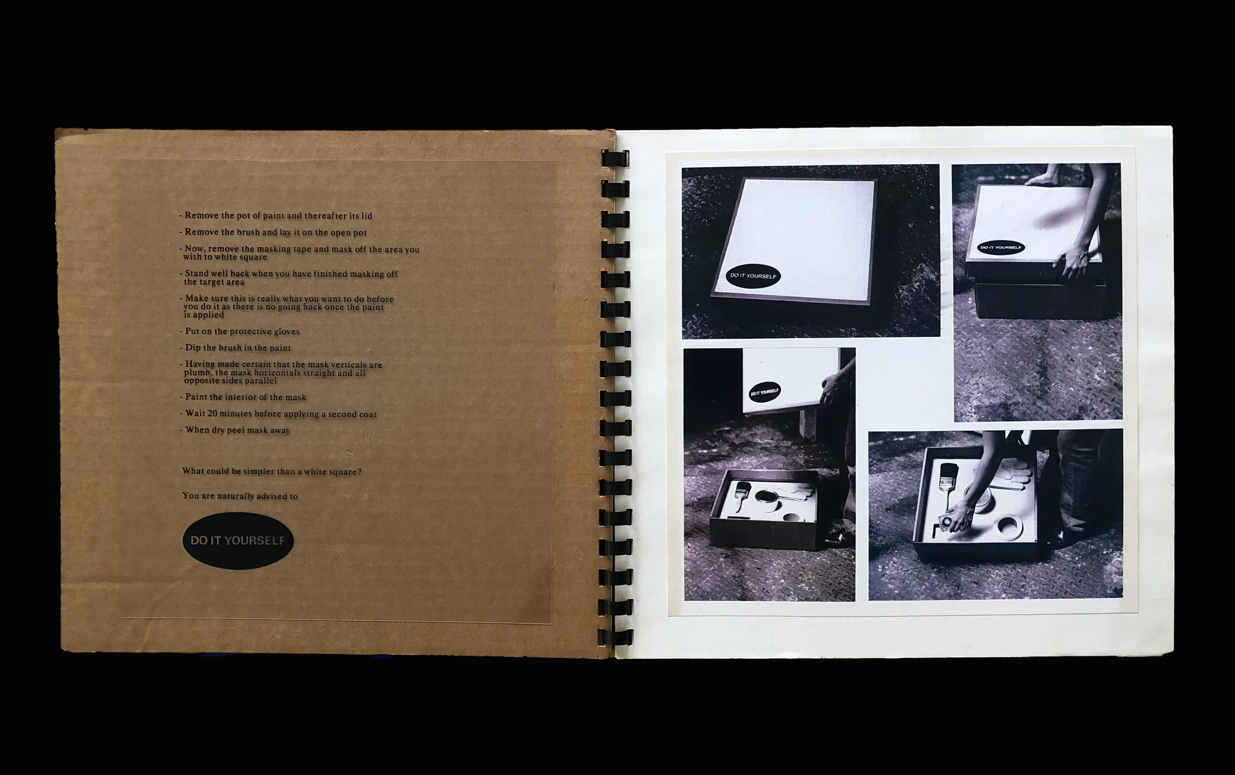Open spiral-bound notebook with instructions on the left page and black and white photos on the right, showing a DIY project with a box labeled 'DO IT YOURSELF.' Photos depict hands interacting with tools and a canvas.