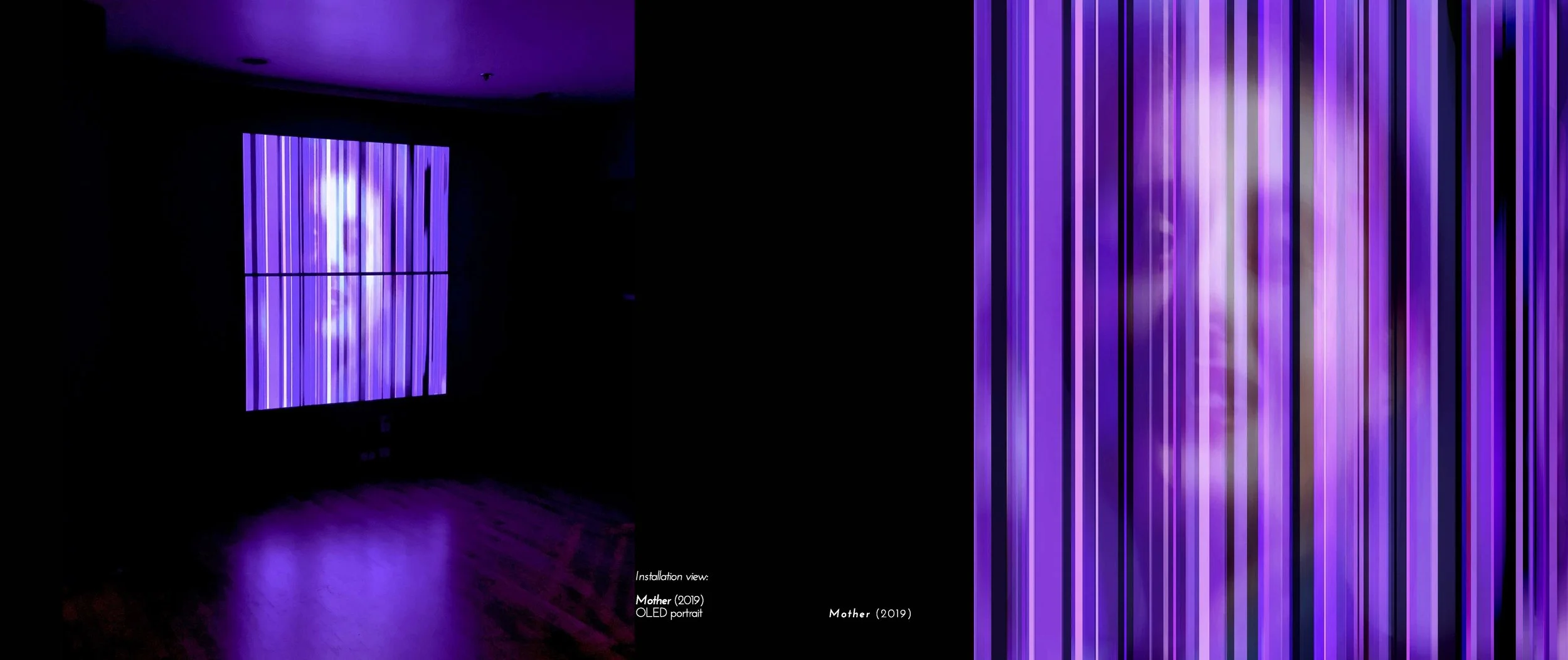 OLED portrait installation titled 'Mother' (2019) with vertical purple and blue lines and a face visible through them.