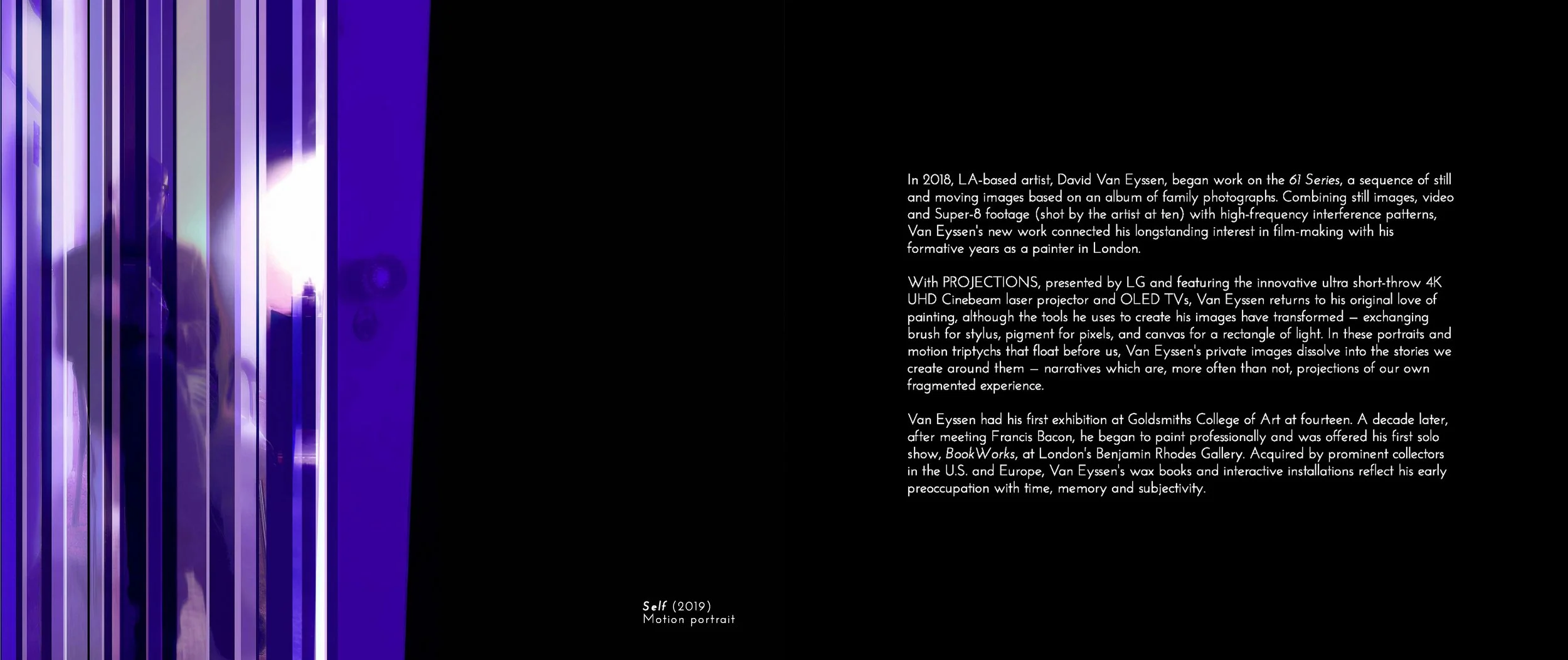Abstract art with vertical purple stripes next to text about David Van Eyssen's 61 Series and PROJECTIONS. Discusses the artist's combination of family photographs, high-frequency interference, and digital creation techniques. Mentions exhibitions, i