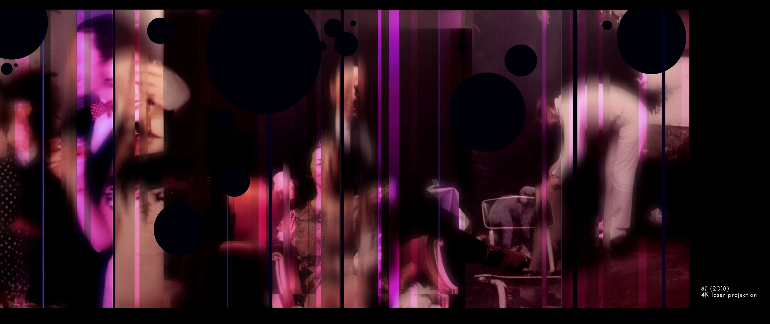Abstract image with blurred colors, vertical lines, and dark circles.