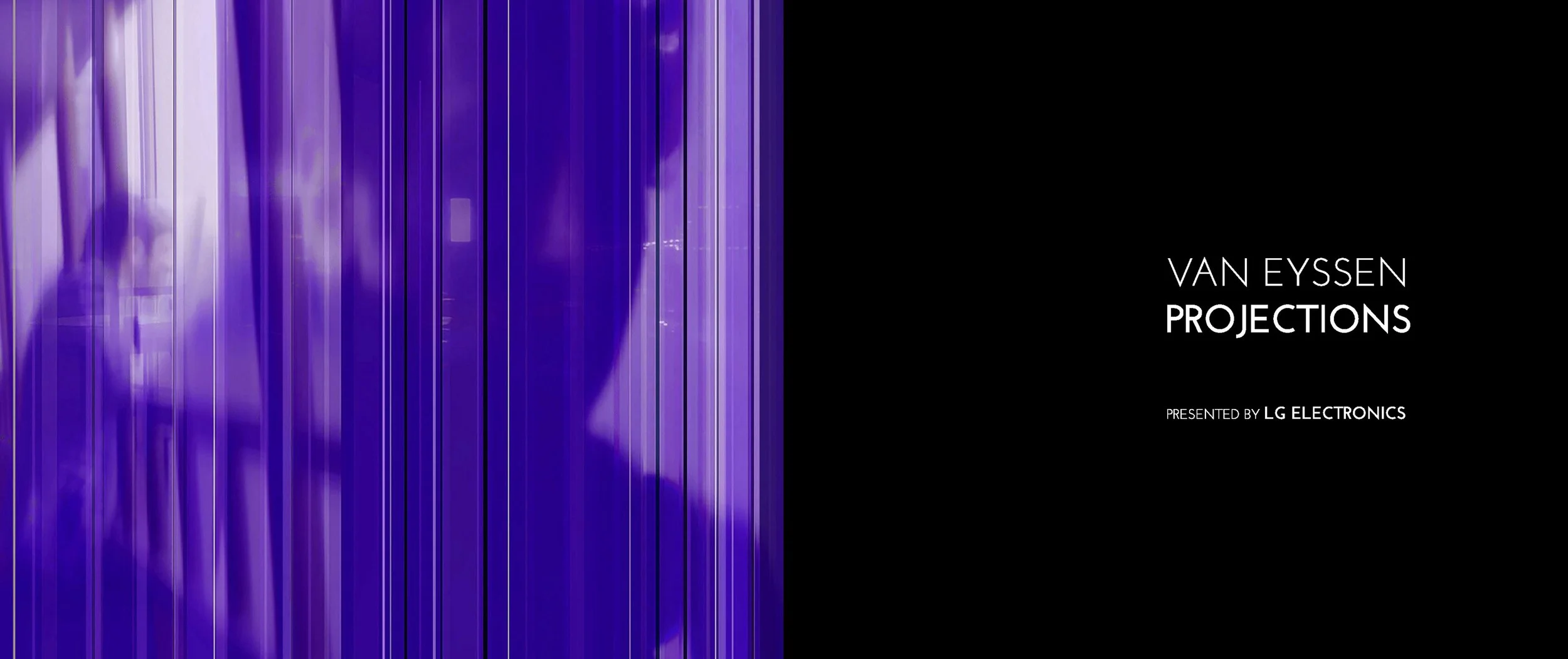 Abstract purple background with text showing "Van Eyssen Projections, presented by LG Electronics."
