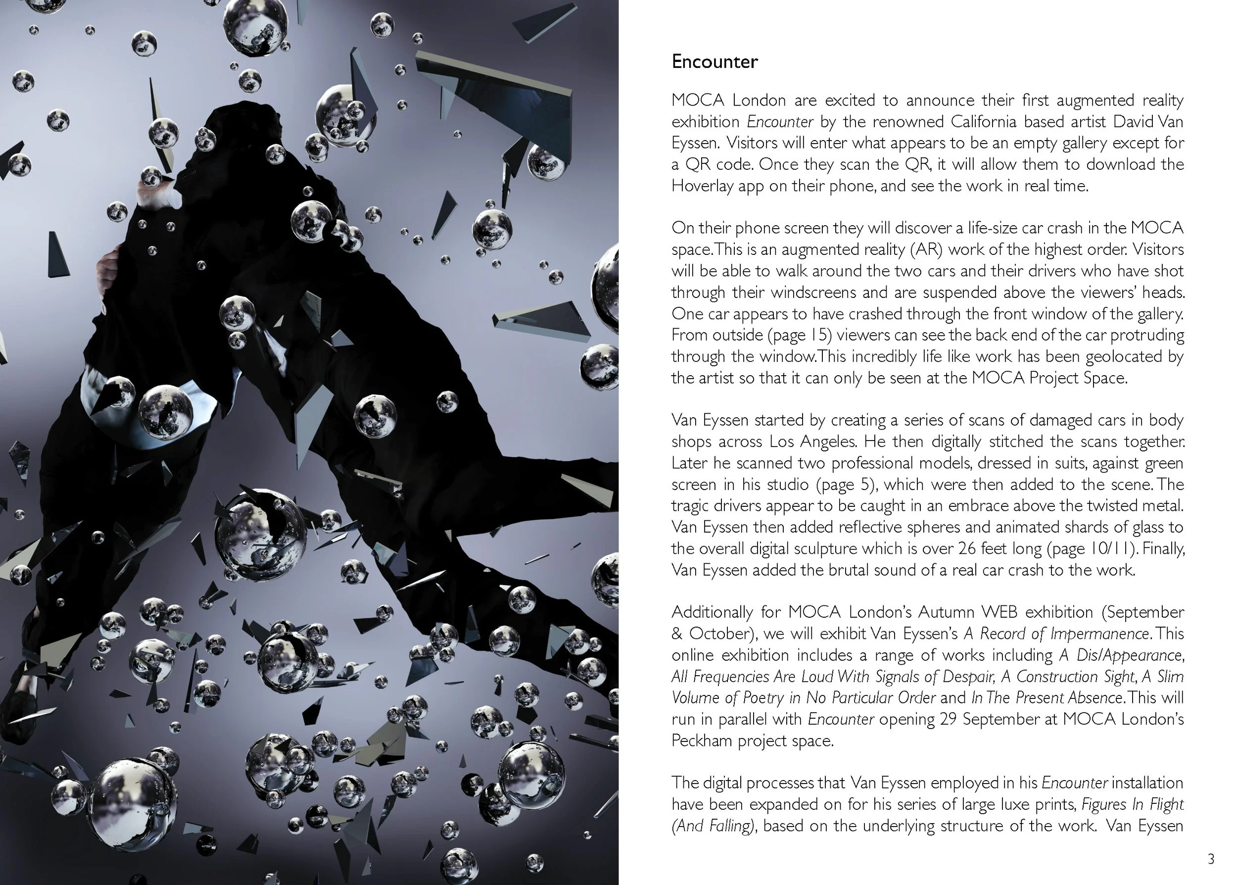 Abstract image with reflective spheres, glass shards, and shadowy figure, alongside exhibition text about an augmented reality art installation by David Van Eyssen at MOCA London.
