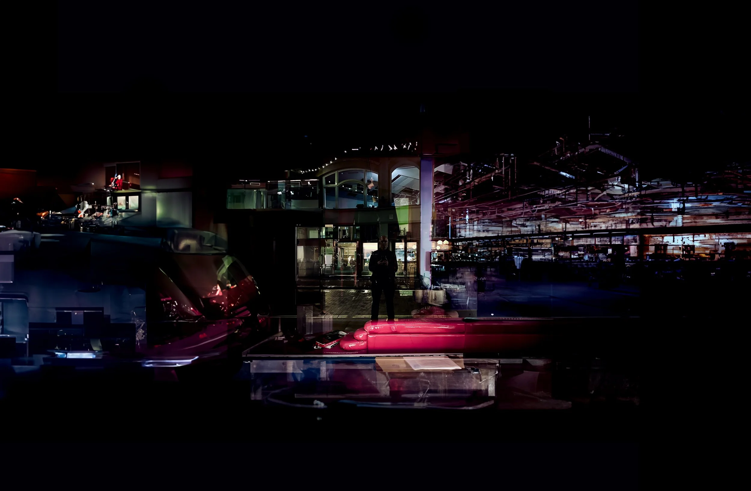 Abstract cityscape with reflections, buildings, and a figure, featuring vibrant lights and colors.