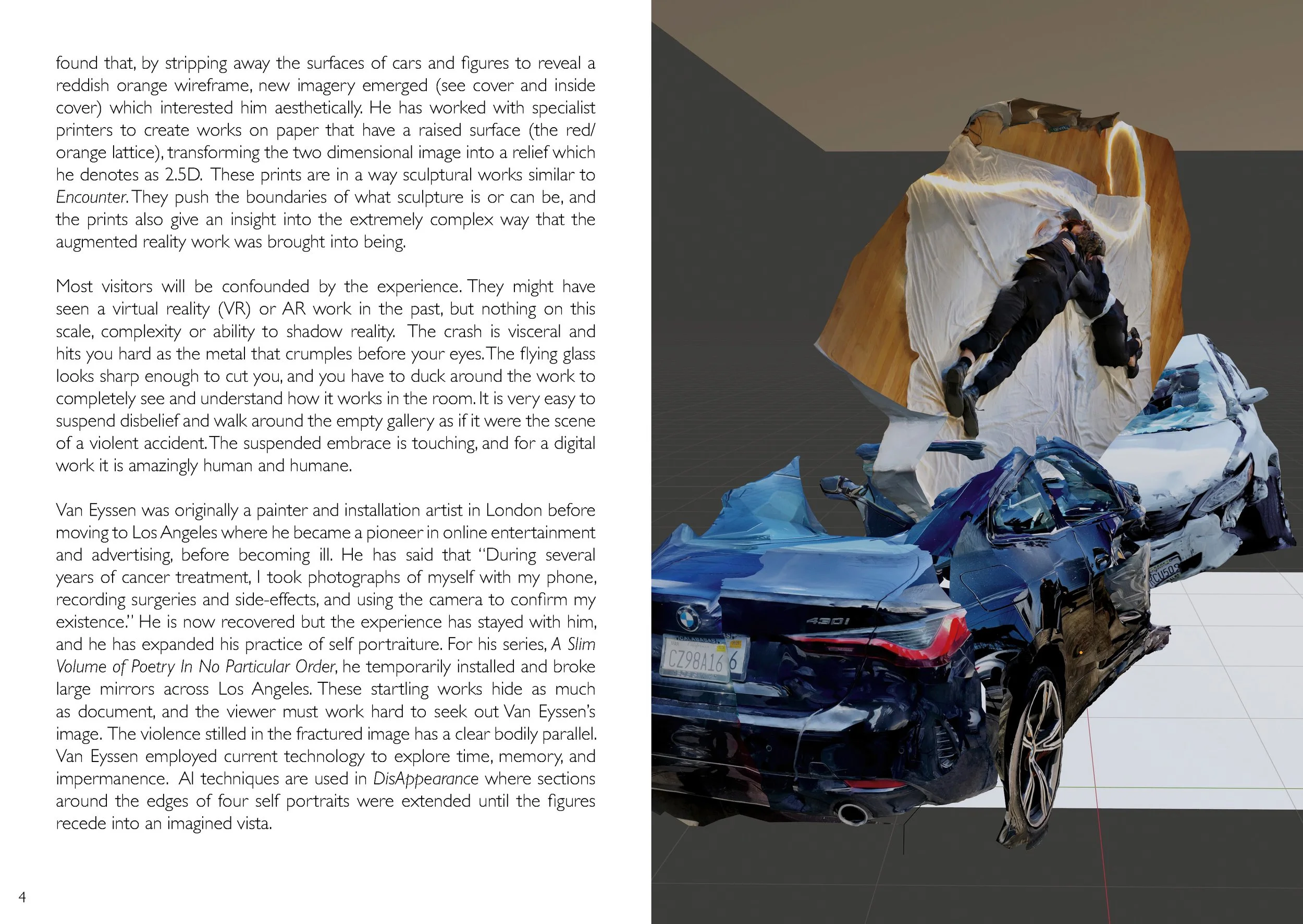 Text on the left describes an artist's work with 2.5D effects on cars and figures for augmented reality. The right features an abstract digital artwork showing a distorted blue car and a person lying on a draped white fabric.