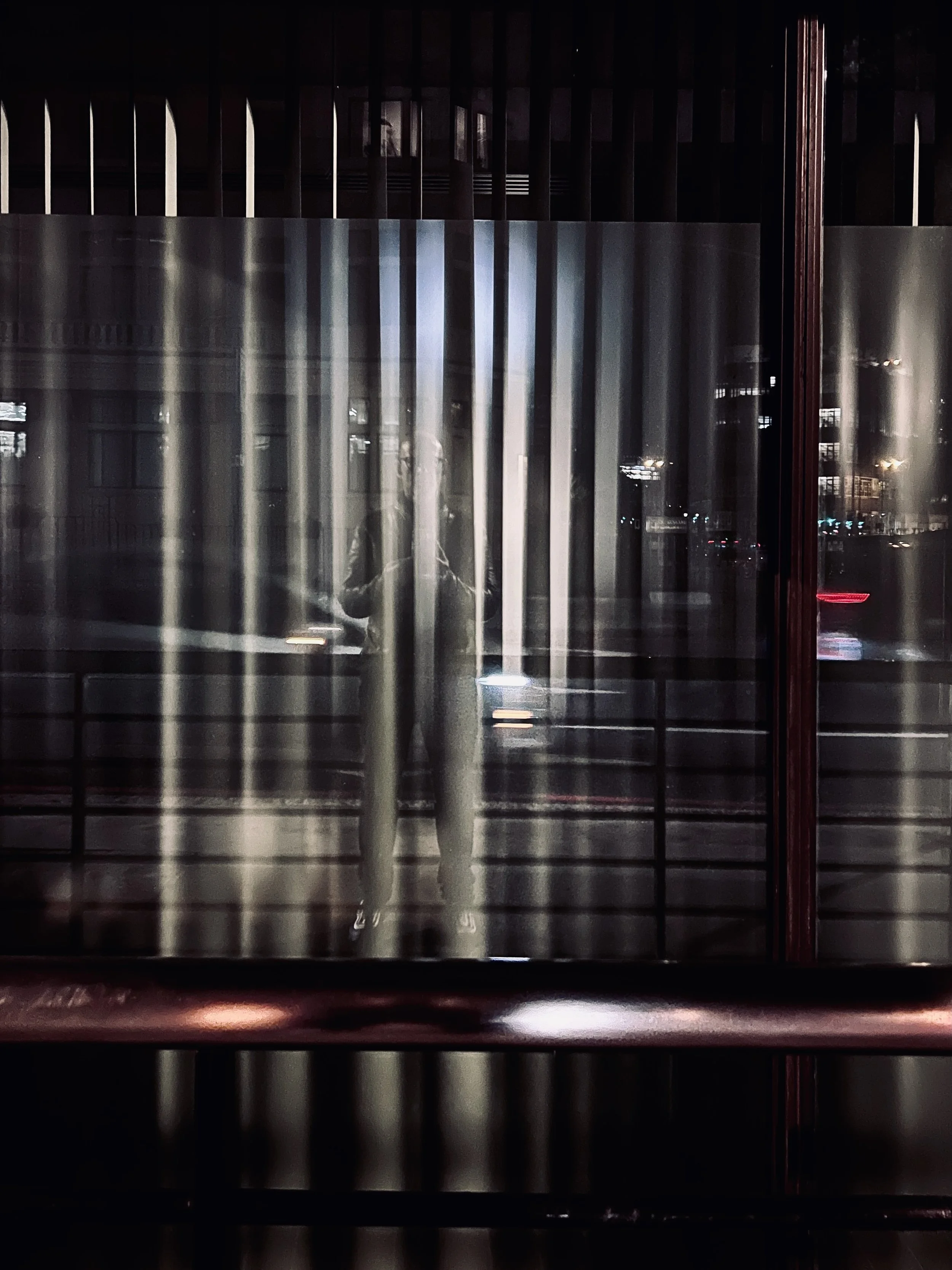 Photograph of a person taking a mirror selfie through a glass window or door with vertical blinds or bars, nighttime city lights visible in the background.