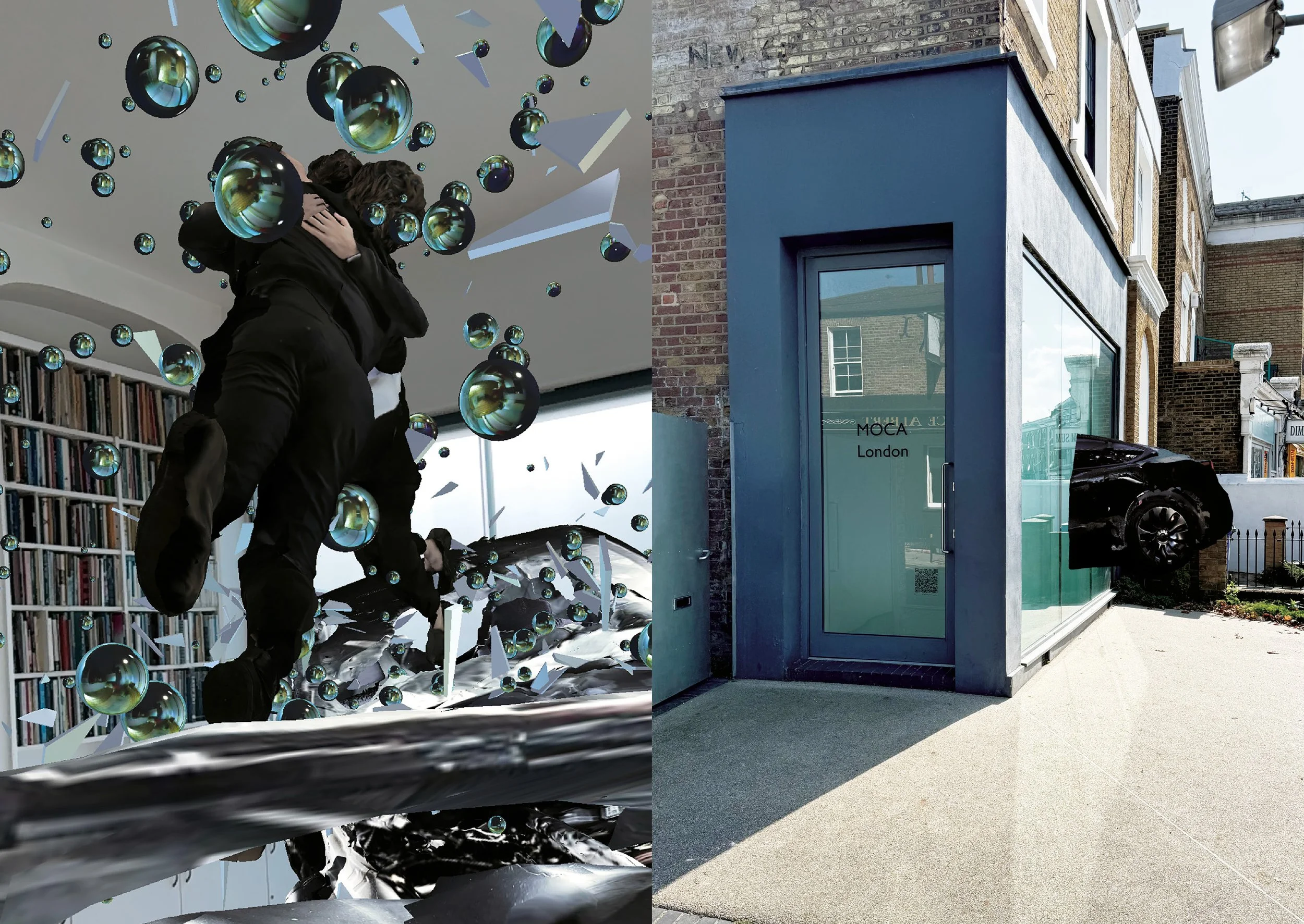 Left image shows two people embracing amid virtual bubbles and debris; right image shows a building facade with "MOCA London" signage and a car half-embedded in it.