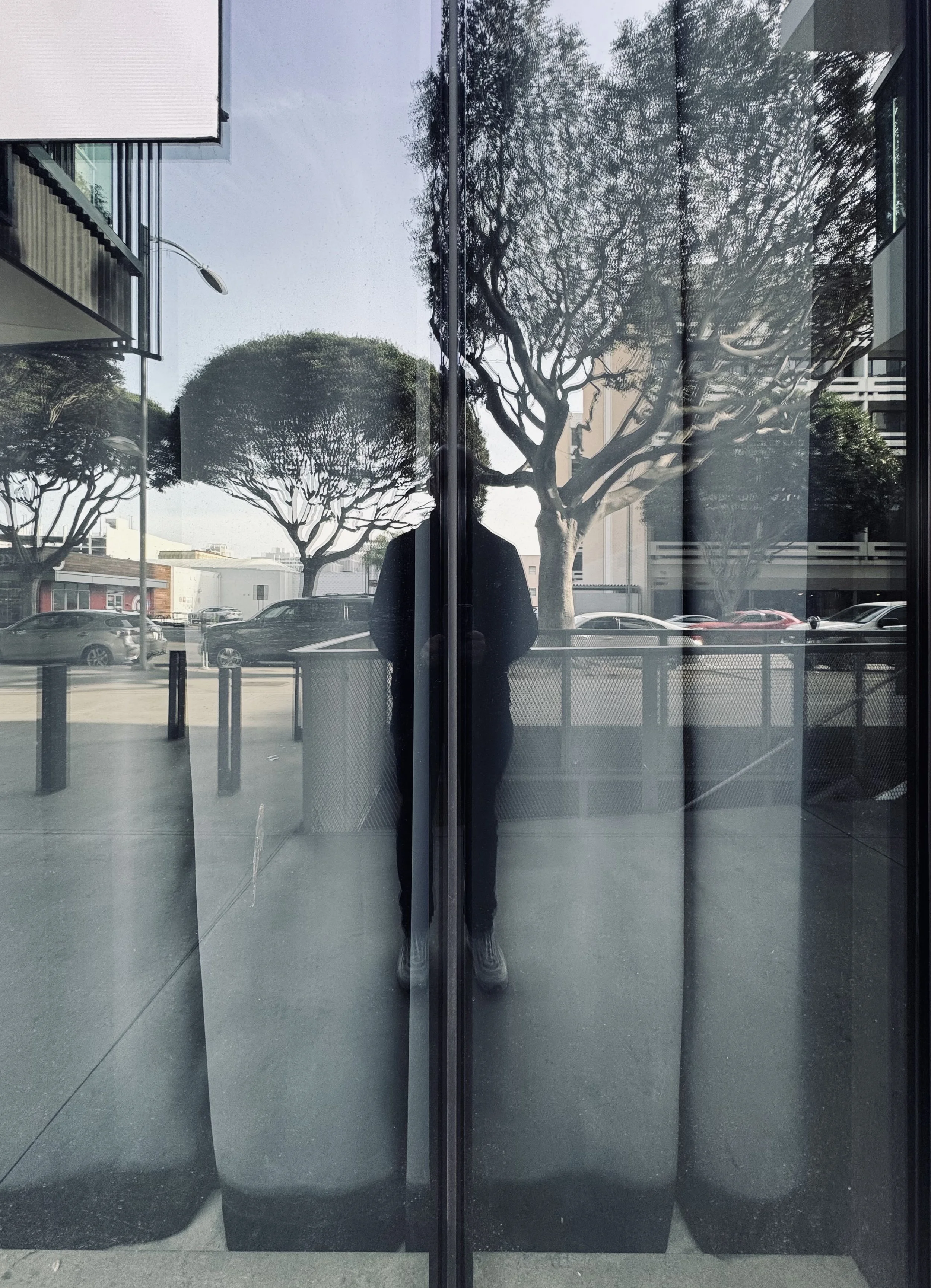 Reflection of a person taking a photo in a glass door or window, with trees and parked cars visible outside.