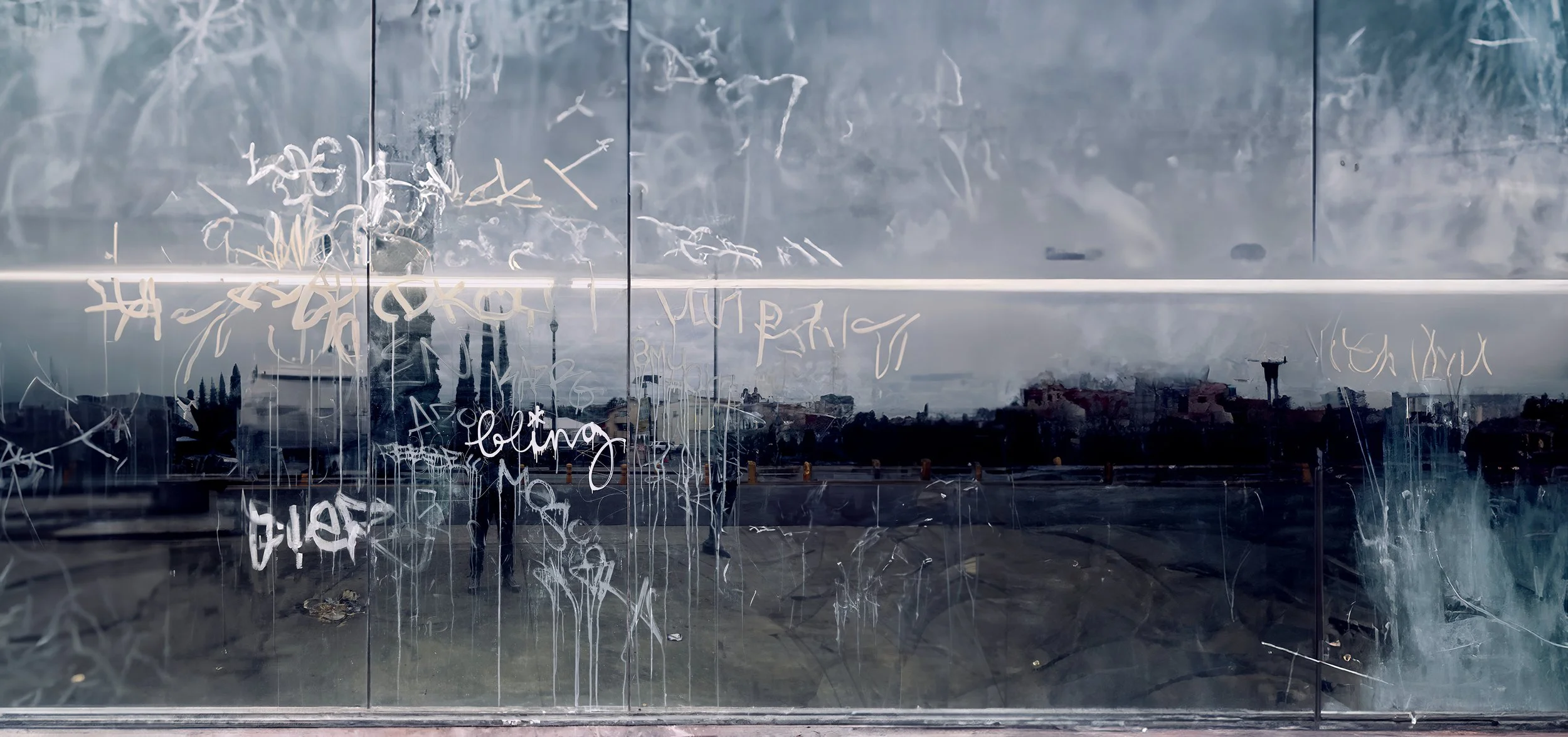 Glass window with graffiti in an urban setting, showing reflections of trees, buildings, and a cloudy sky.