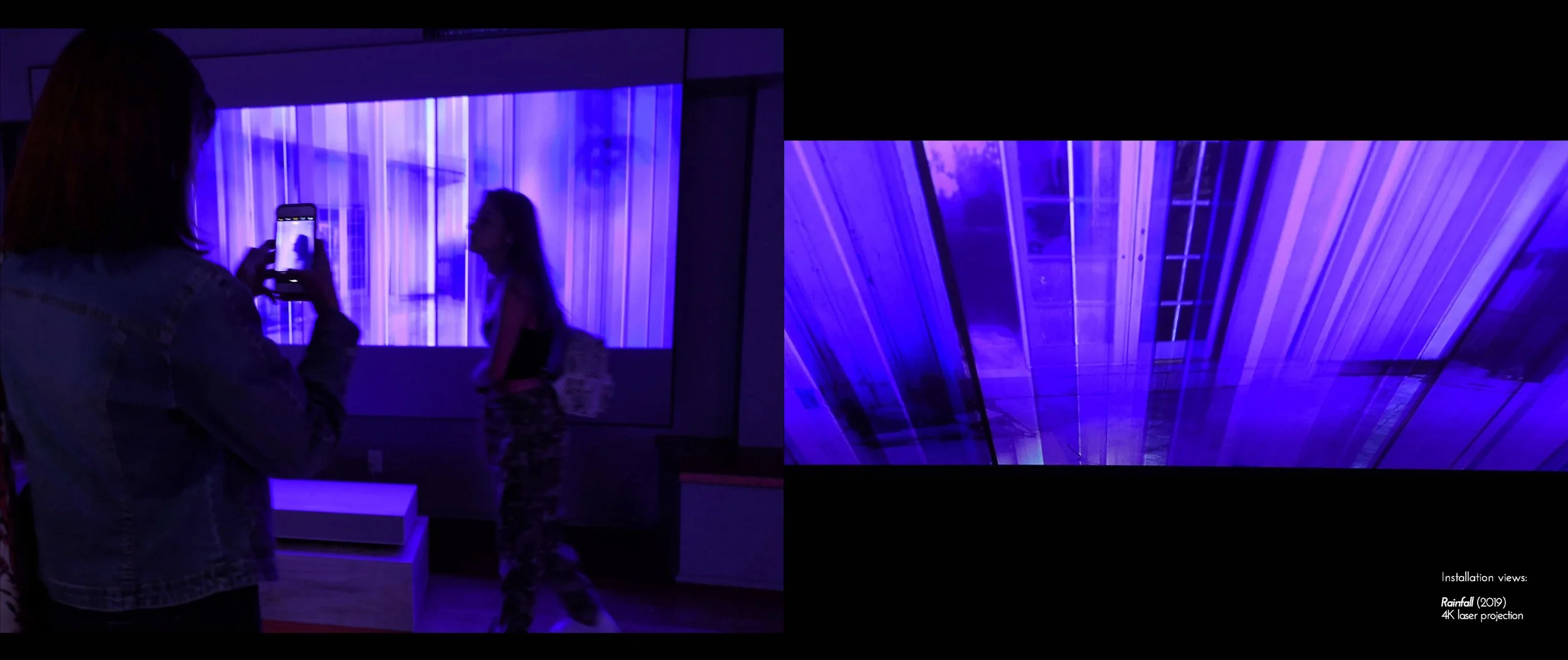People viewing an art installation titled 'Rainfall' from 2019, featuring a 4K laser projection with blue light effects. One person is capturing the display on a smartphone.