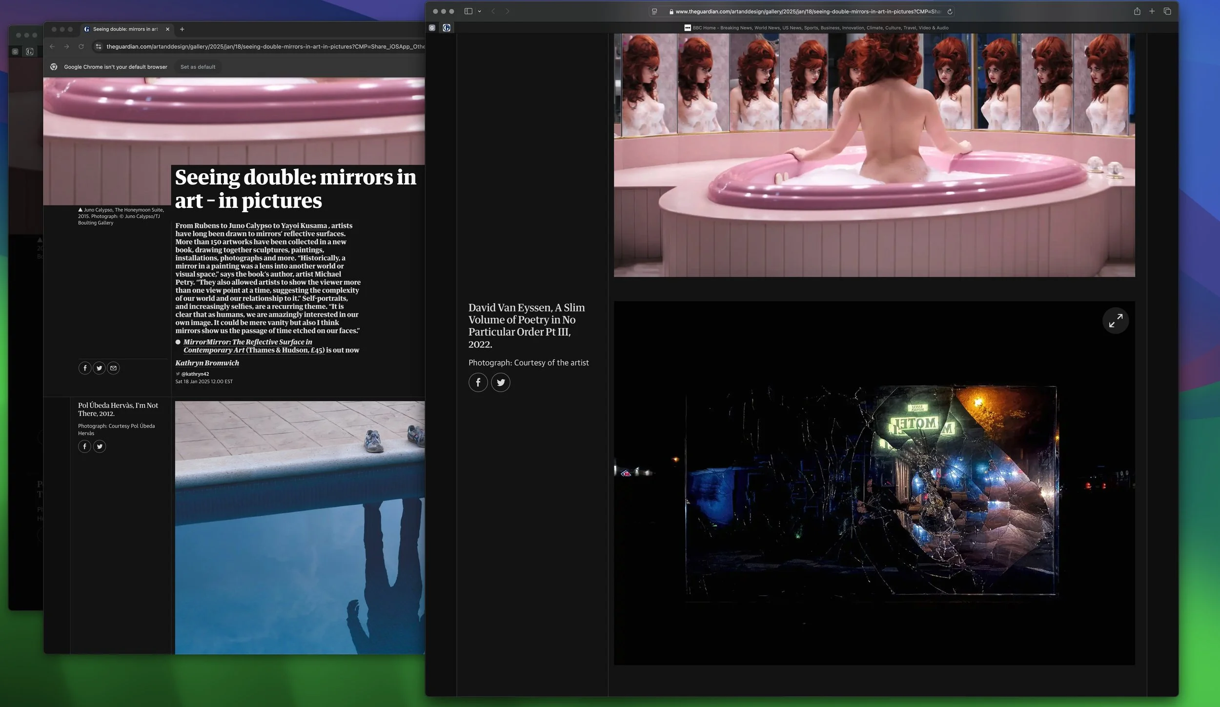 Collage of images featuring mirrors in art; includes a pink bathtub with a woman and multiple reflections, a poolside shadow reflection, and a cracked mirror with neon lights and signage reflections.