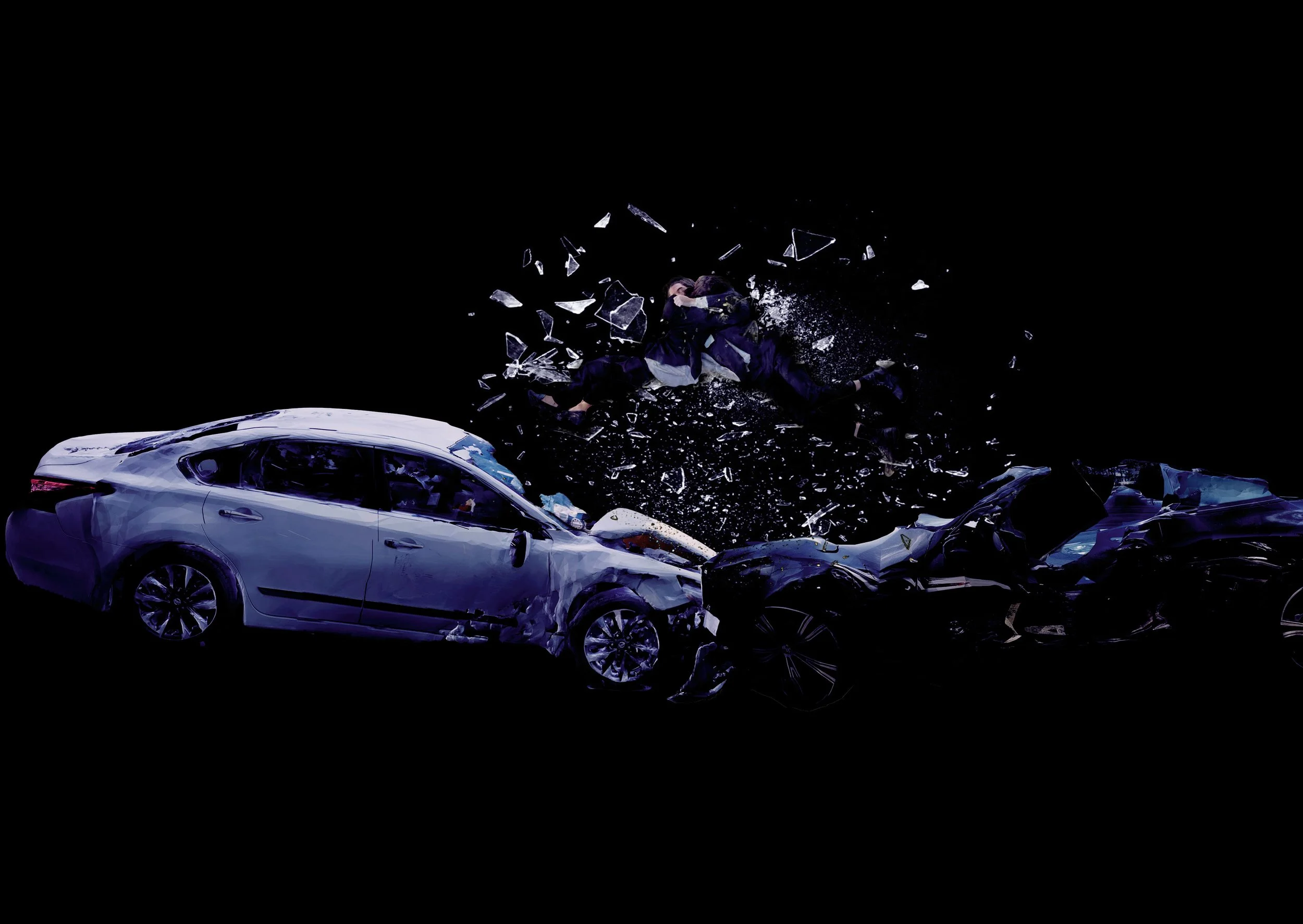 Two cars colliding head-on with a person being thrown from the impact amidst flying glass shards, set against a black background.