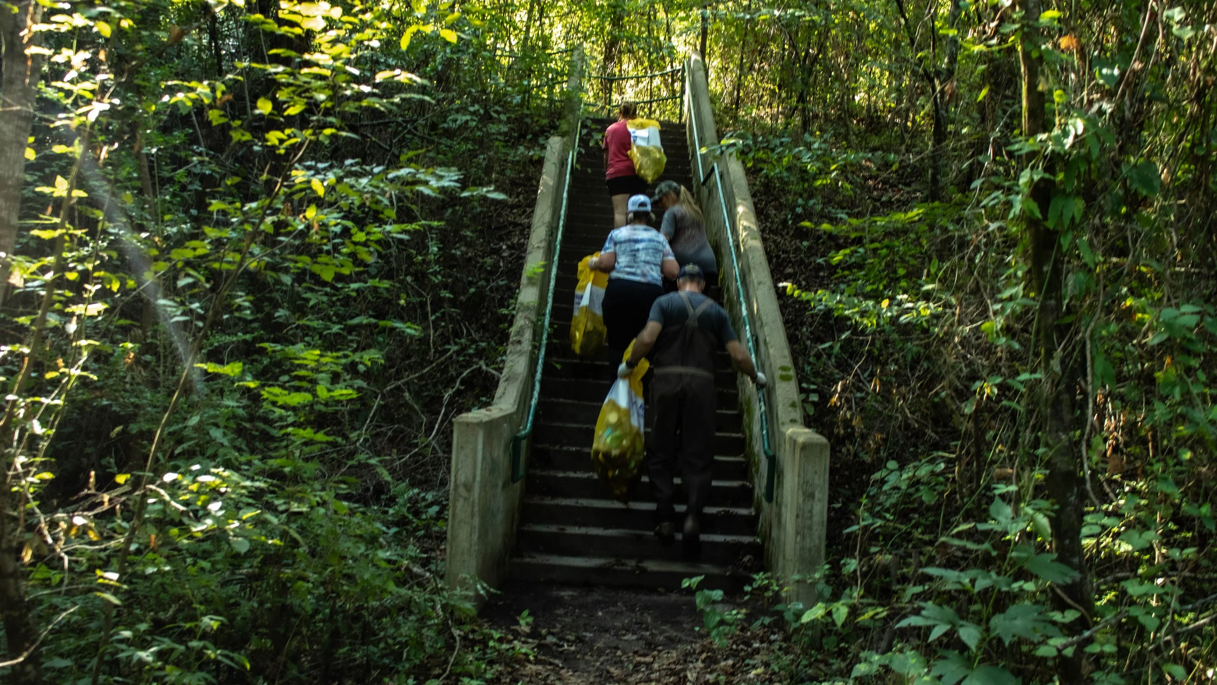 a group of volunteers walking up stairs holding trash