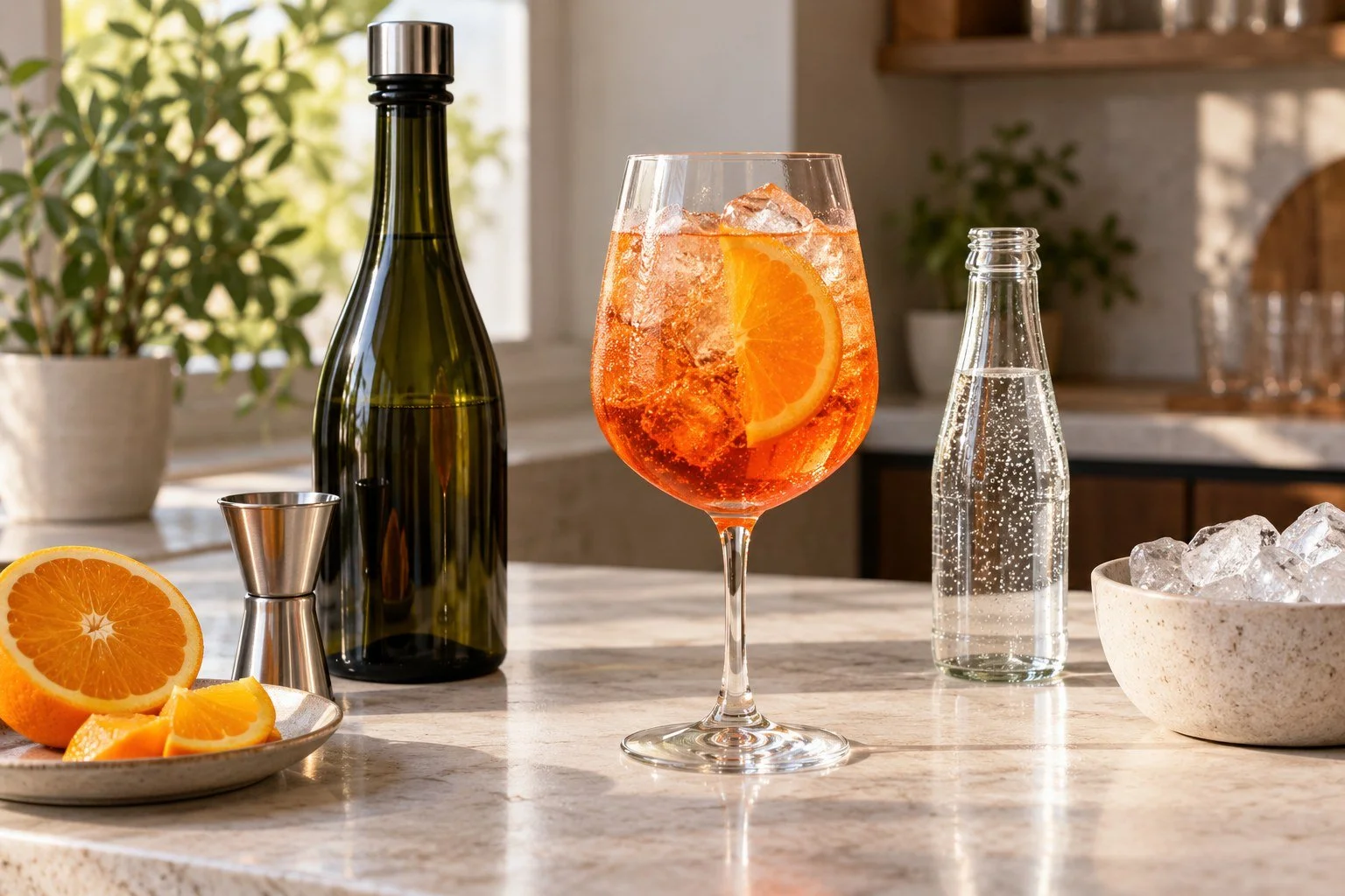 Spritz with sparkling wine, soda, orange, ice, and a jigger; AI-generated editorial illustration, not the author’s own preparation.