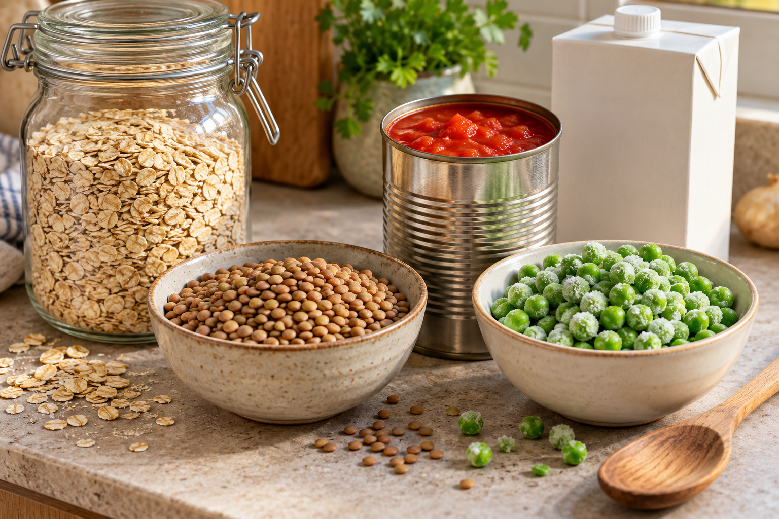AI-created illustrative pantry scene with oats, lentils, canned tomatoes and frozen peas on a kitchen counter.