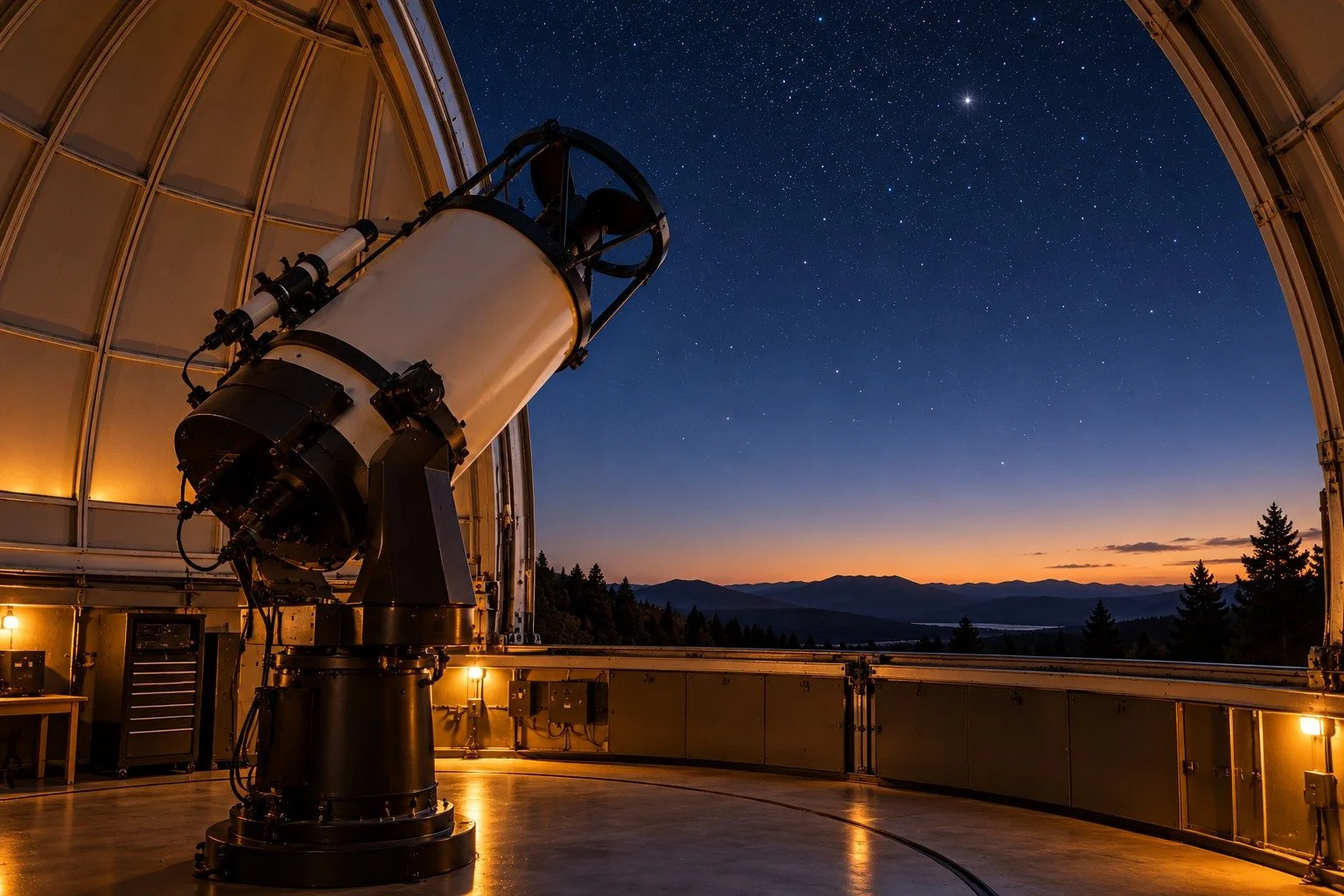 Telescope in an imagined observatory; AI-generated editorial illustration, not a documented research facility.
