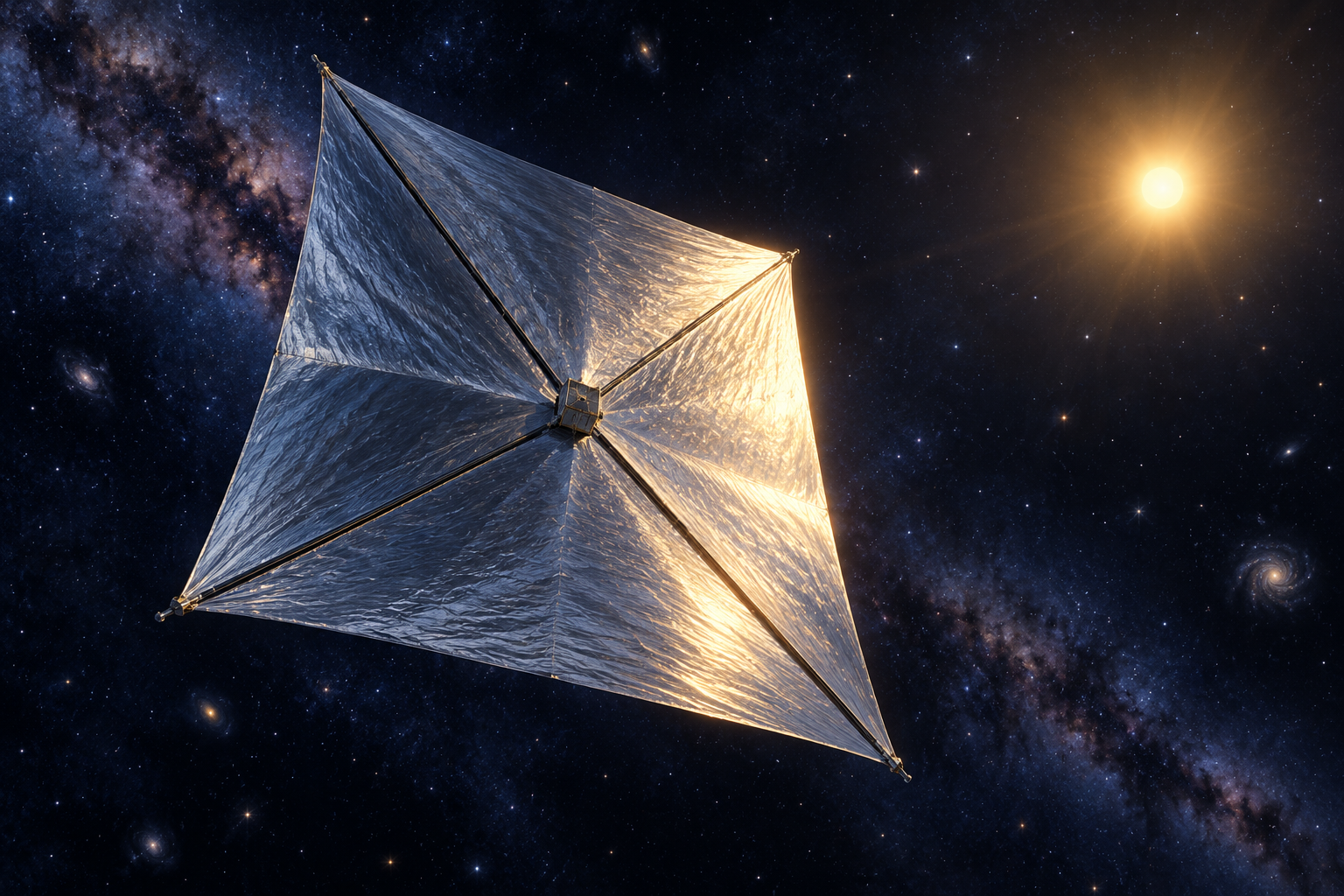 Generic reflective solar sail in space; AI-generated artistic concept, not a photograph or exact mission design.