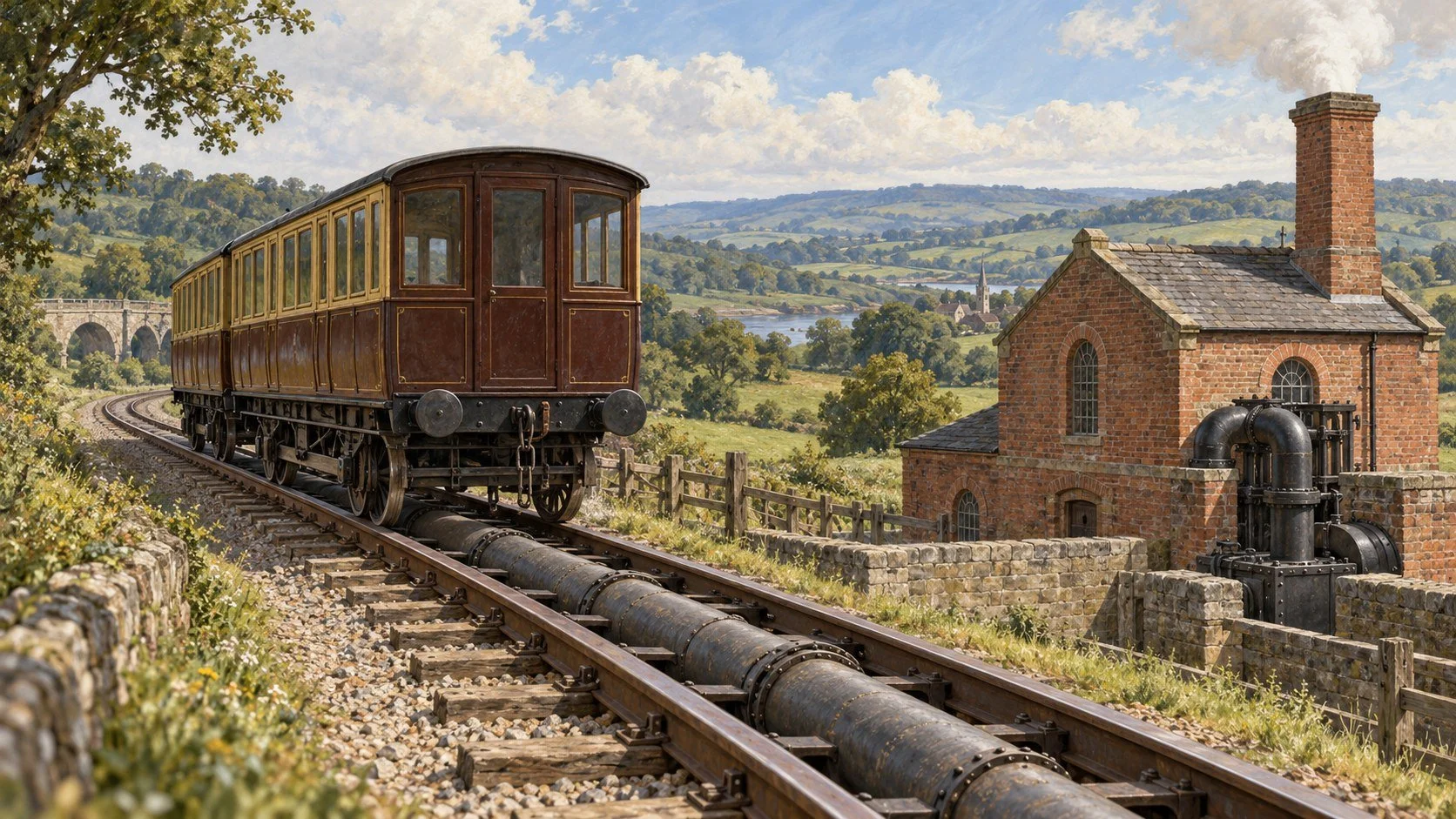Atmospheric railway concept; AI-generated editorial illustration, not a precise reconstruction or archival photograph.