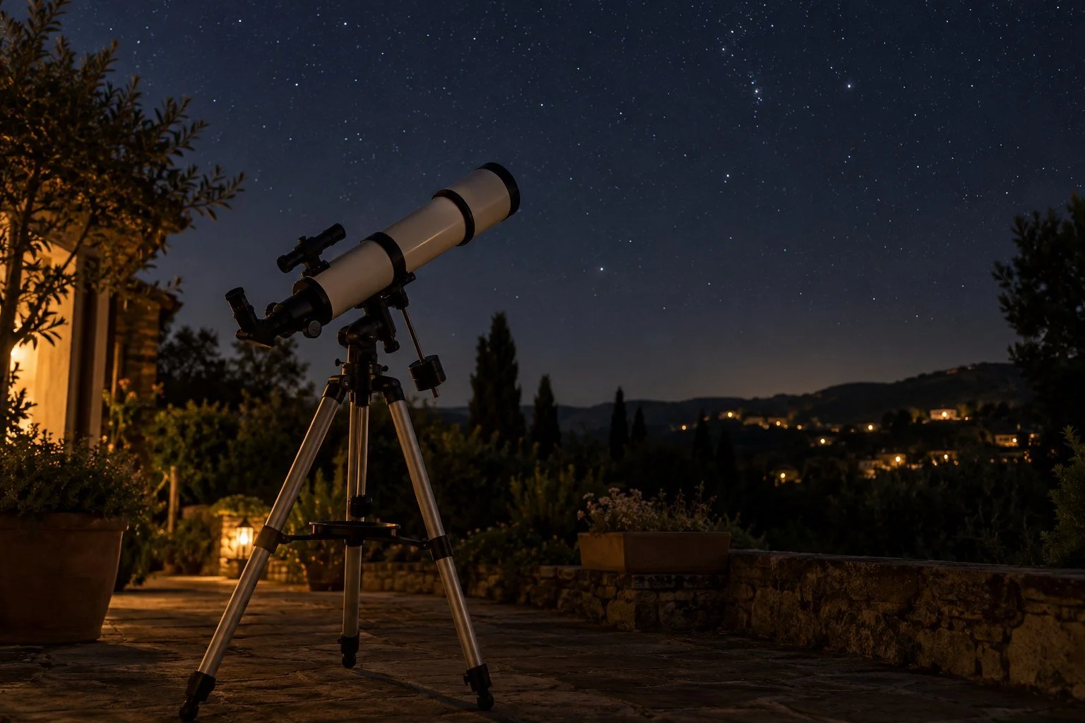 AI-generated editorial scene of an unbranded amateur telescope under stars, not a photograph of the linked product or a captured astronomical observation.