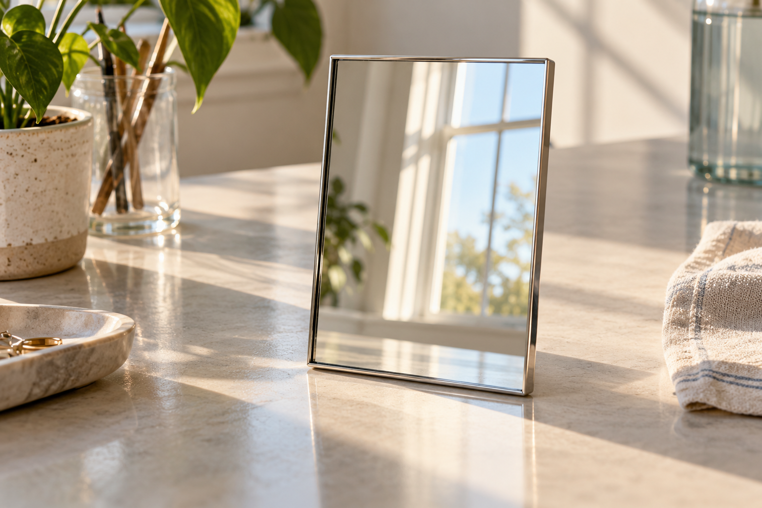 Small mirror reflecting a sunlit window; AI-generated editorial illustration, not a radiation-pressure experiment.
