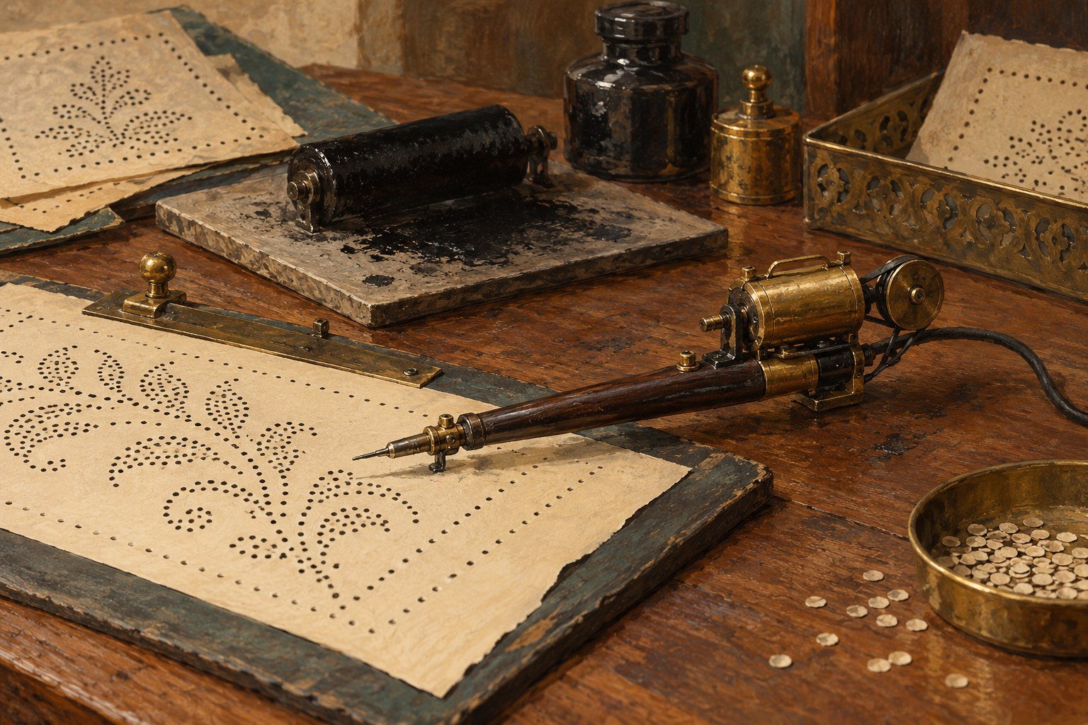 Period-inspired stencil-copying desk; AI-generated editorial illustration, not Edison’s actual equipment.
