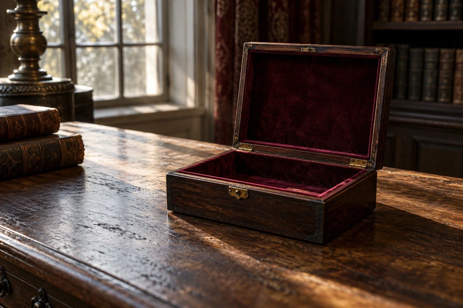 AI-generated editorial still life of an imagined empty velvet-lined jewelry box; not the Irish Crown Jewels case or a historical artifact.