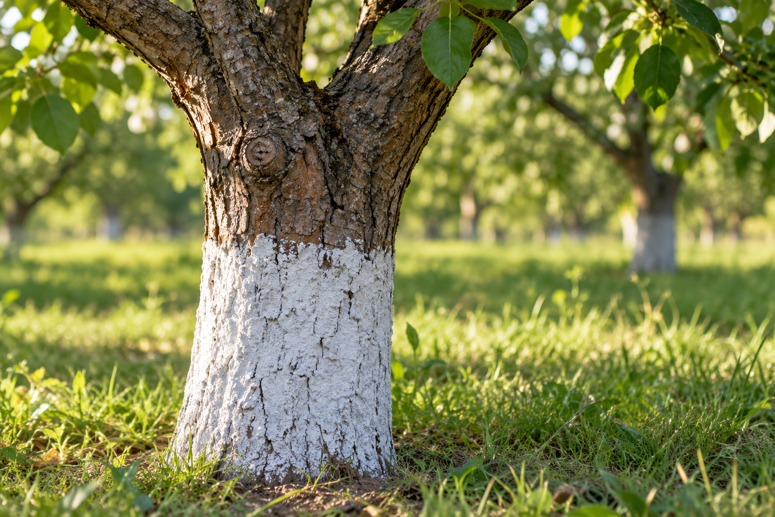 Close view of a fruit-tree trunk with a white coating; AI-generated illustration that does not identify the coating ingredient or demonstrate efficacy.