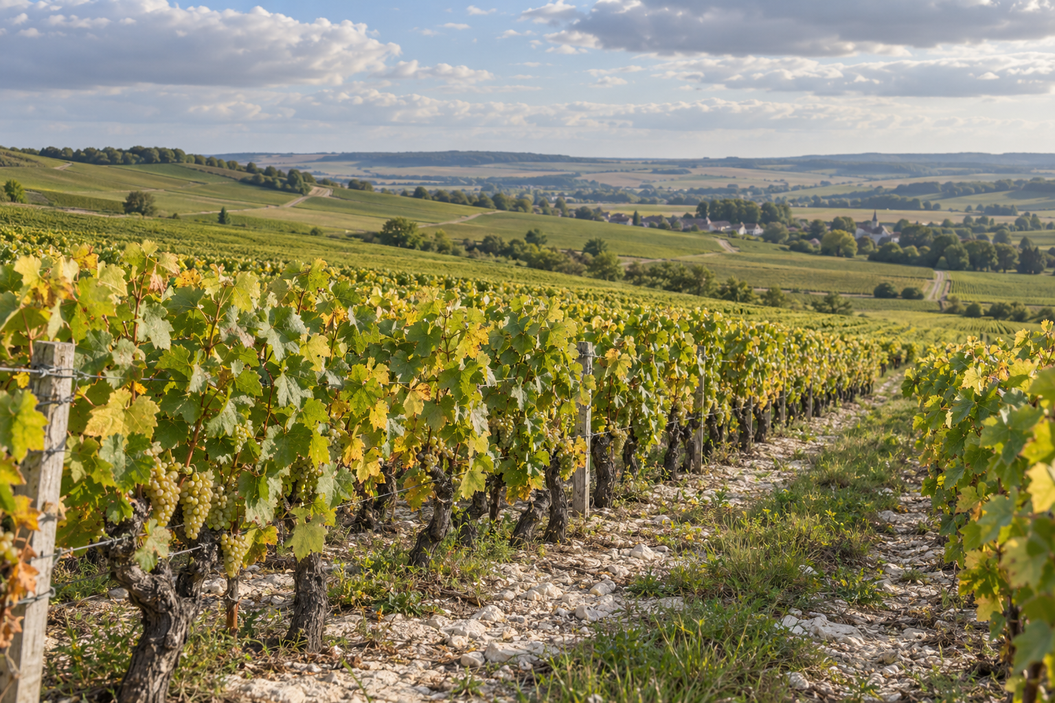Illustration of grapevines on a gently sloping Champagne vineyard.