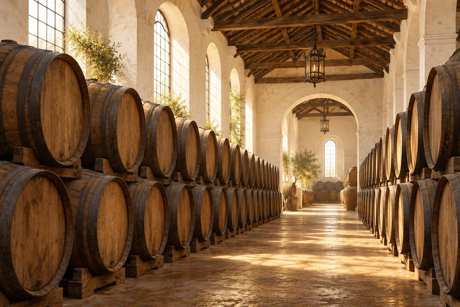 Imagined Andalusian bodega with oak wine casks; AI-generated editorial illustration, not a specific cellar or certified cask.