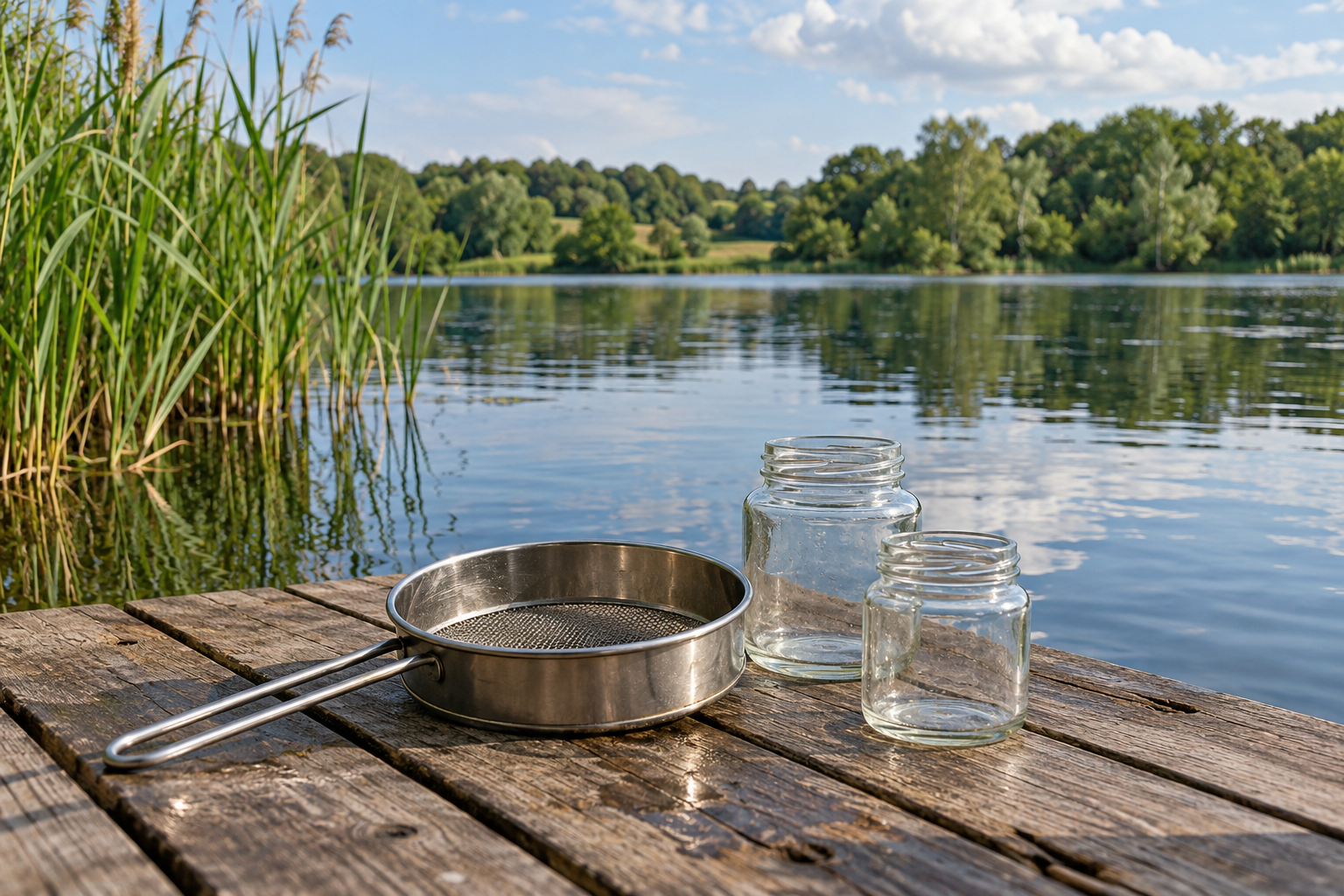Sampling jars and sieve beside a lake; AI-generated editorial illustration, not an actual research site.