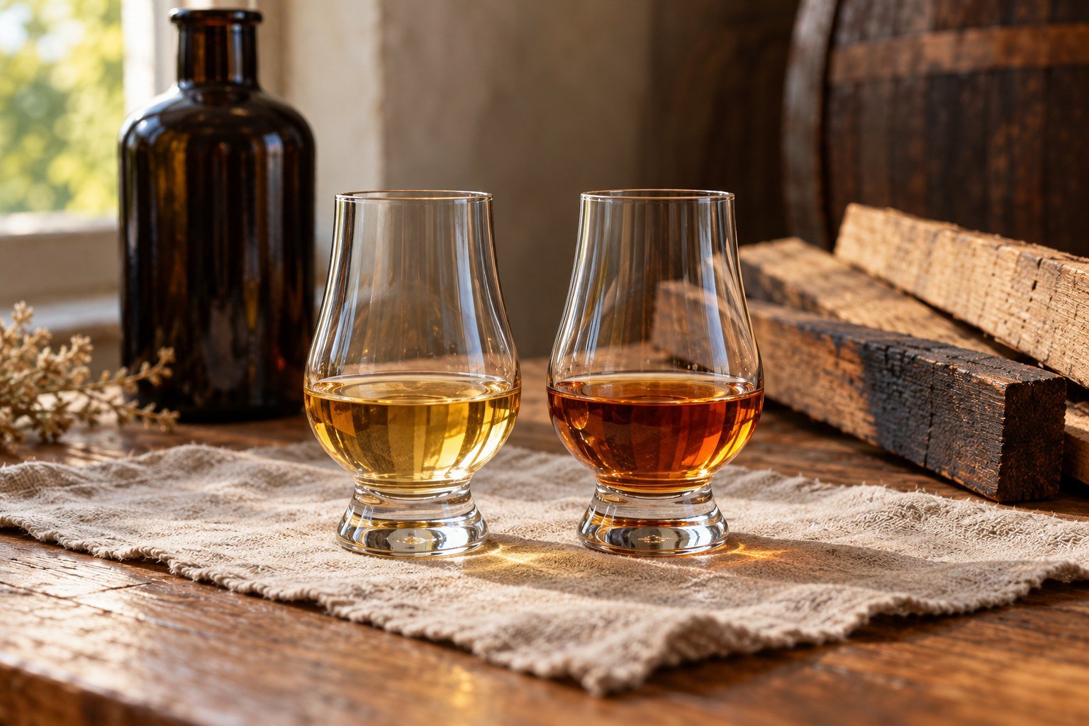 Two glasses with pale gold and copper whisky; AI-generated editorial tasting illustration, not evidence of age, quality, or provenance.