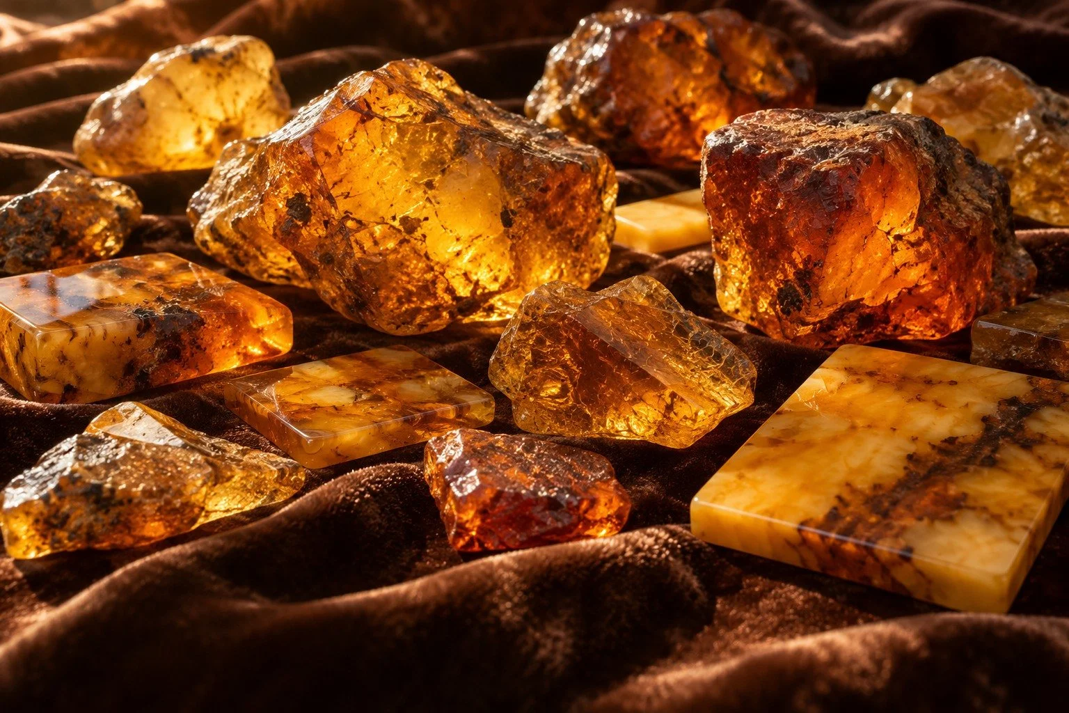 AI-generated editorial still life of amber pieces and tiles in warm light; not recovered Amber Room panels or a reconstruction of the room.