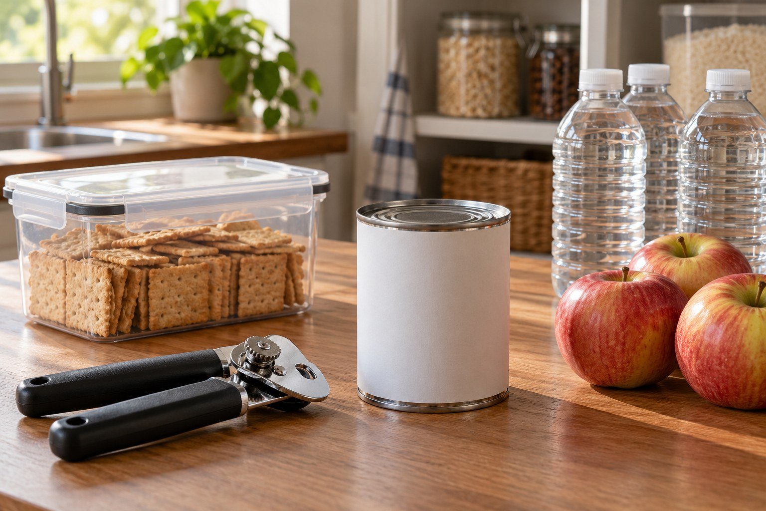 AI-generated editorial scene of a manual can opener, shelf-stable pantry foods and capped water bottles prepared for a power outage.