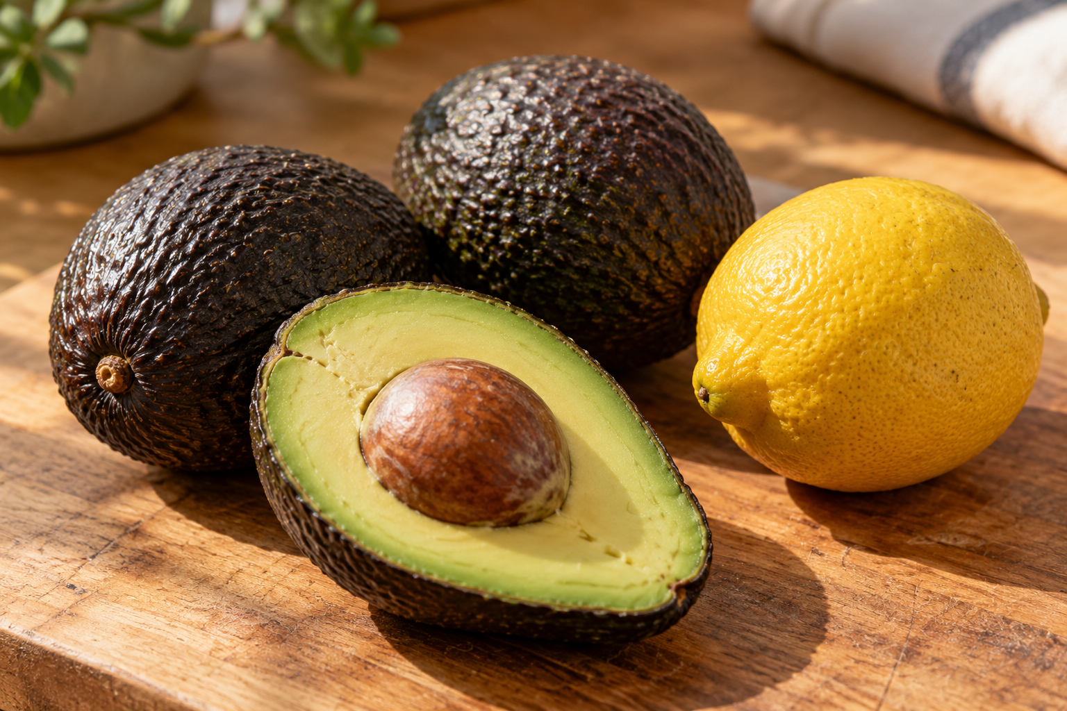 AI-created illustration of avocados and a lemon on a kitchen counter; not evidence that the fruit has an Apeel coating.