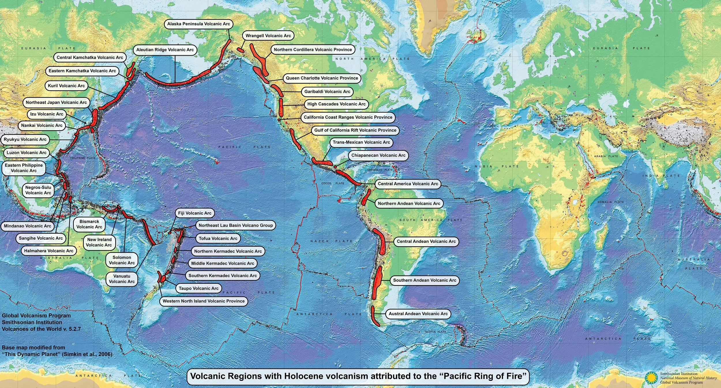 Smithsonian Global Volcanism Program Pacific Ring of Fire regional map, 2025 version; highlighted regions follow its stated geographic definition, not current alert levels.