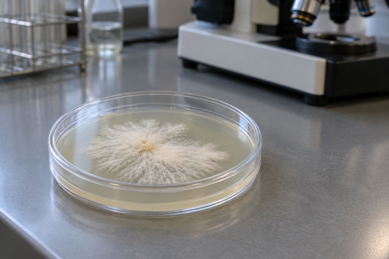 AI-created laboratory concept of a filamentous fungal culture in a closed dish, rather than an actual memory experiment or published result.