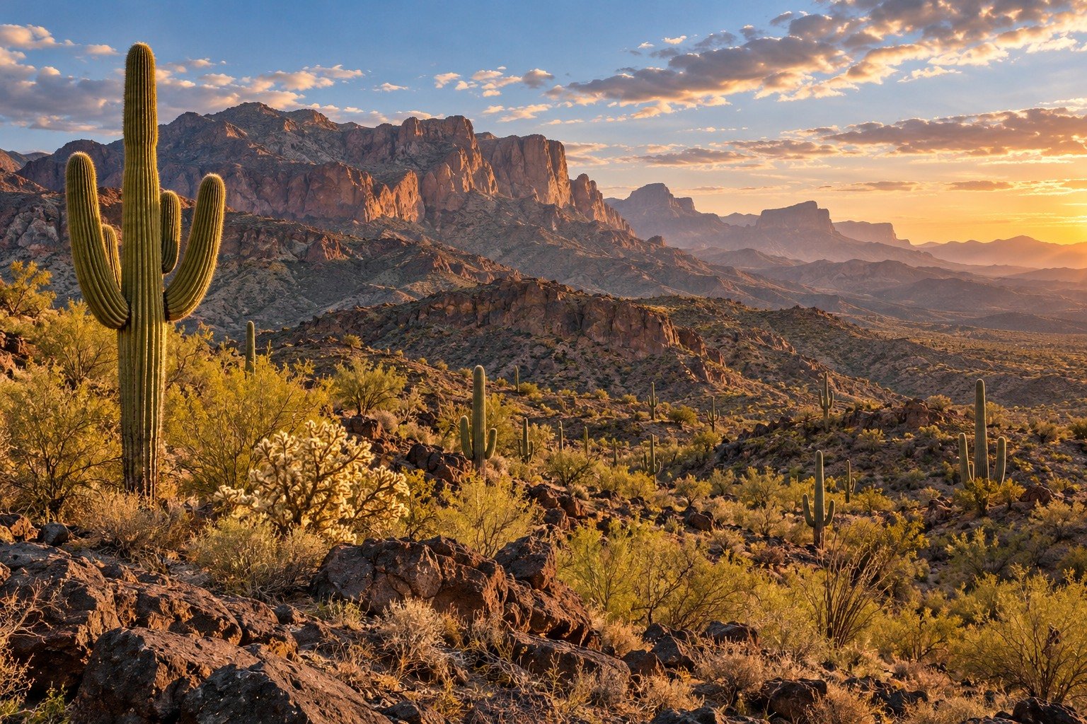 AI-generated editorial illustration of an imagined Sonoran Desert landscape; not a map or photograph of a confirmed Lost Dutchman mine location.