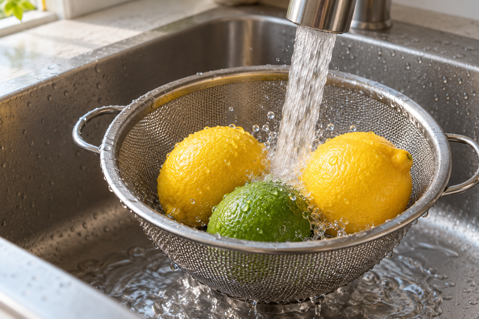 AI-created illustration of citrus under running water in a colander; not a test of Apeel coating removal.