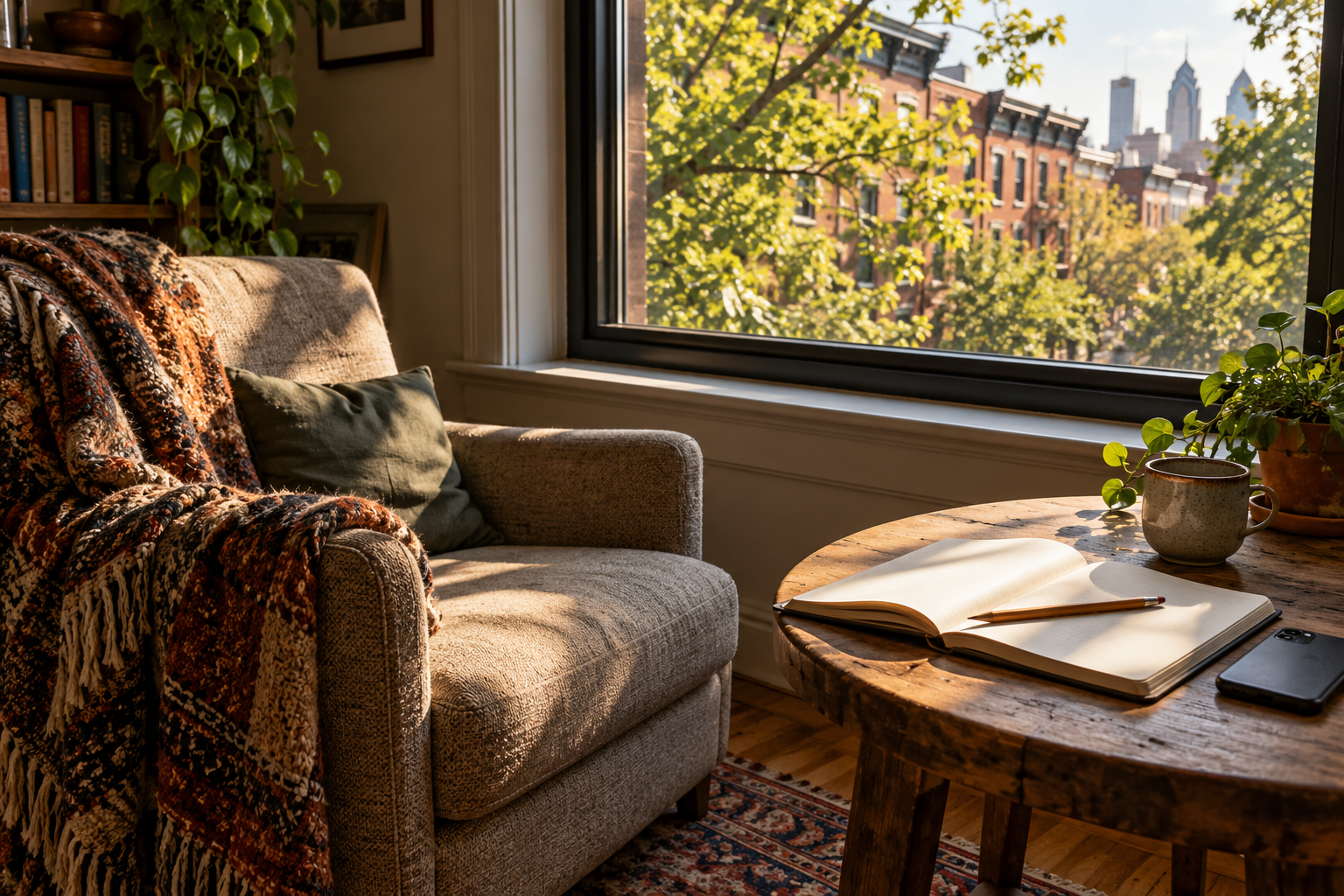 Reading chair by a window with a notebook and phone set aside; AI-generated editorial illustration, not a study setting.